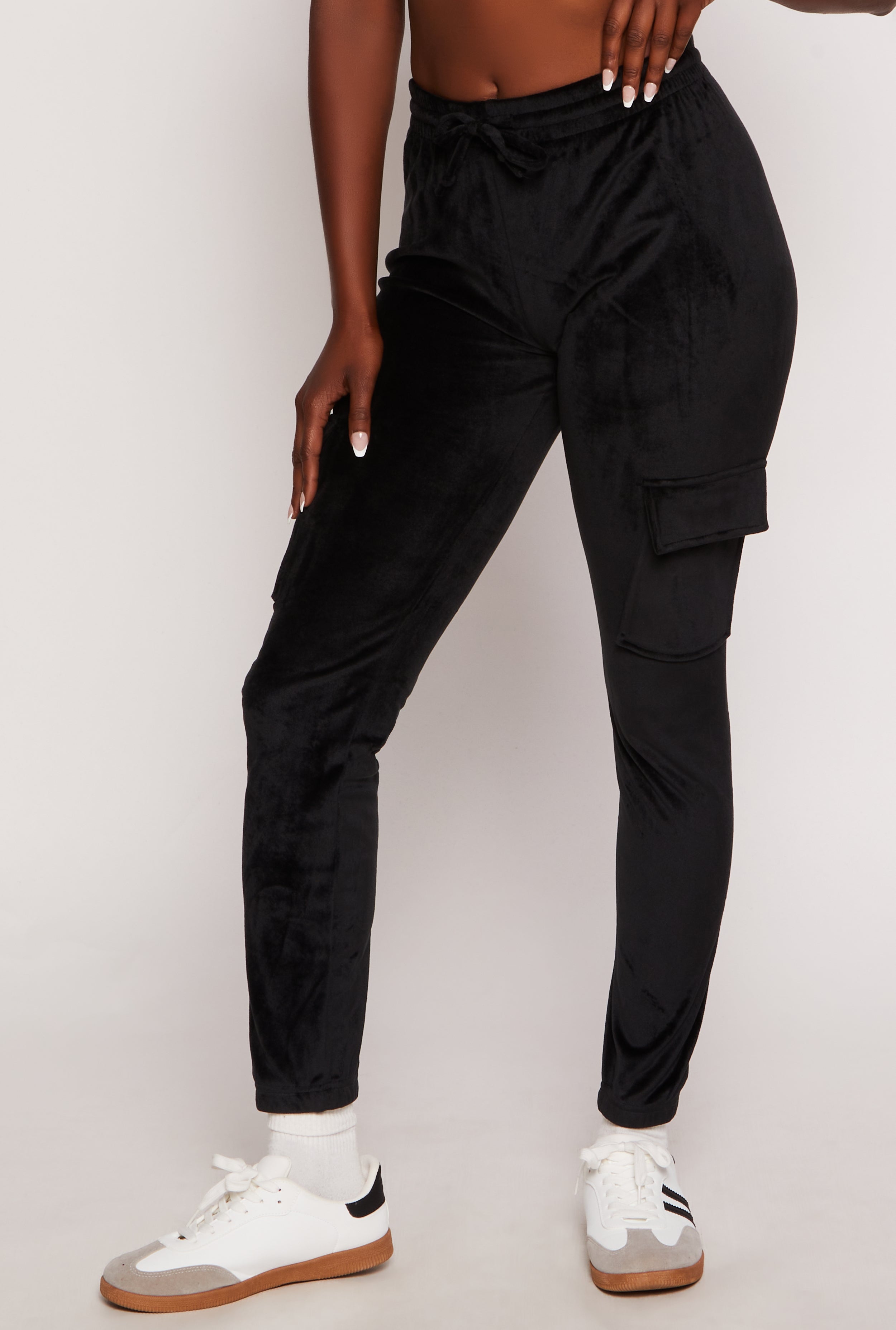 Womens Velour Cargo Pocket Joggers, Black, Size XL