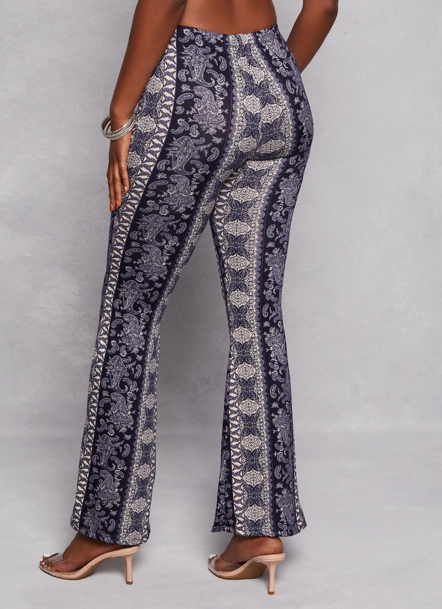 Womens Paisley Border Print High Waist Flare Pants,