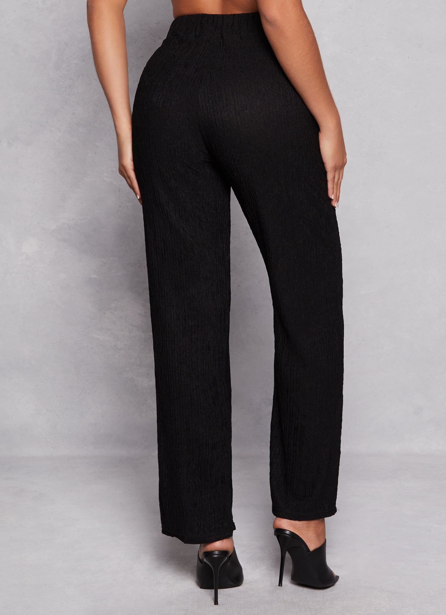 Womens Textured Knit High Waisted Pants, Black,