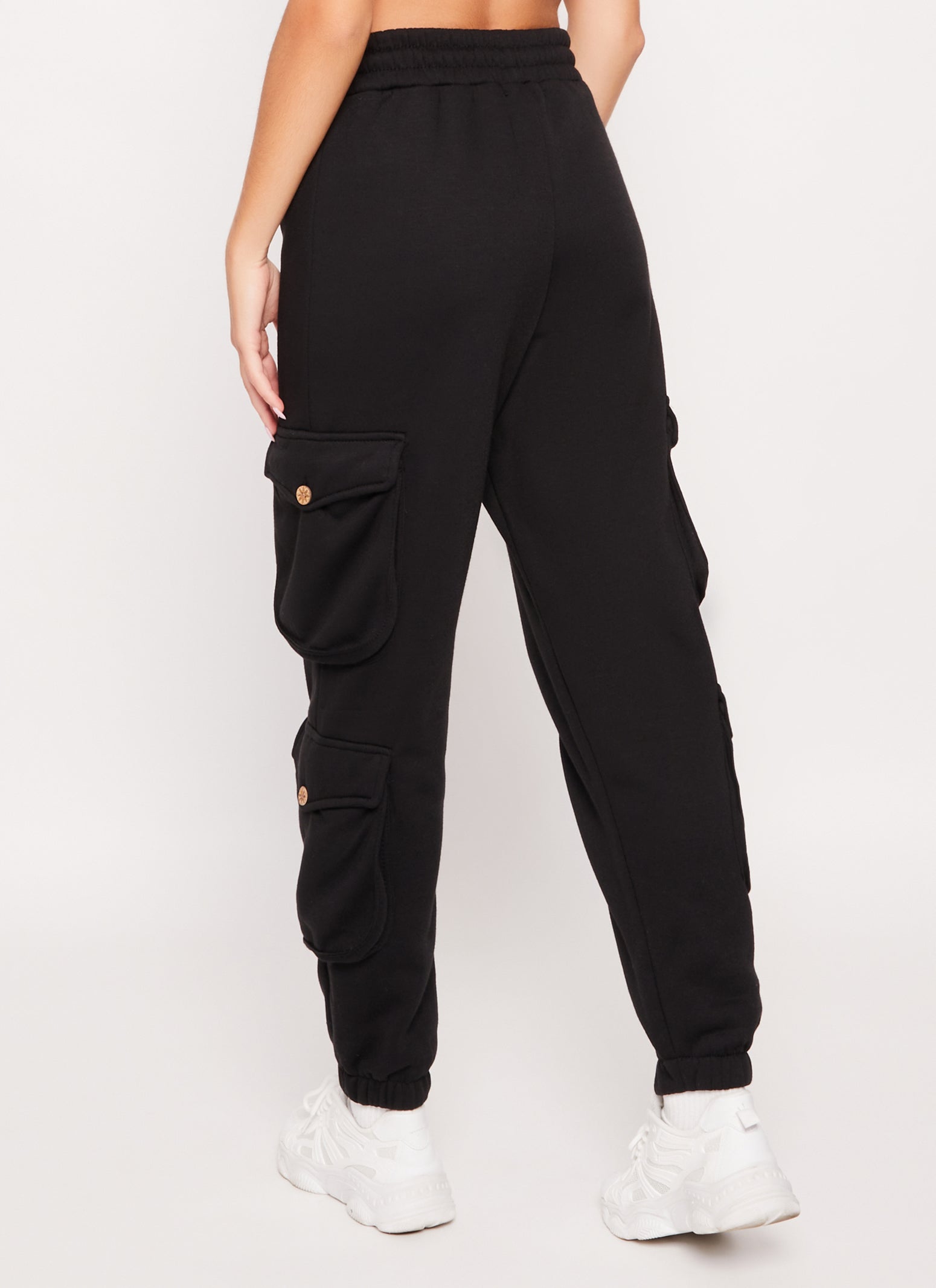 Womens Fleece Cargo Pocket Drawstring Joggers, Black, Size L