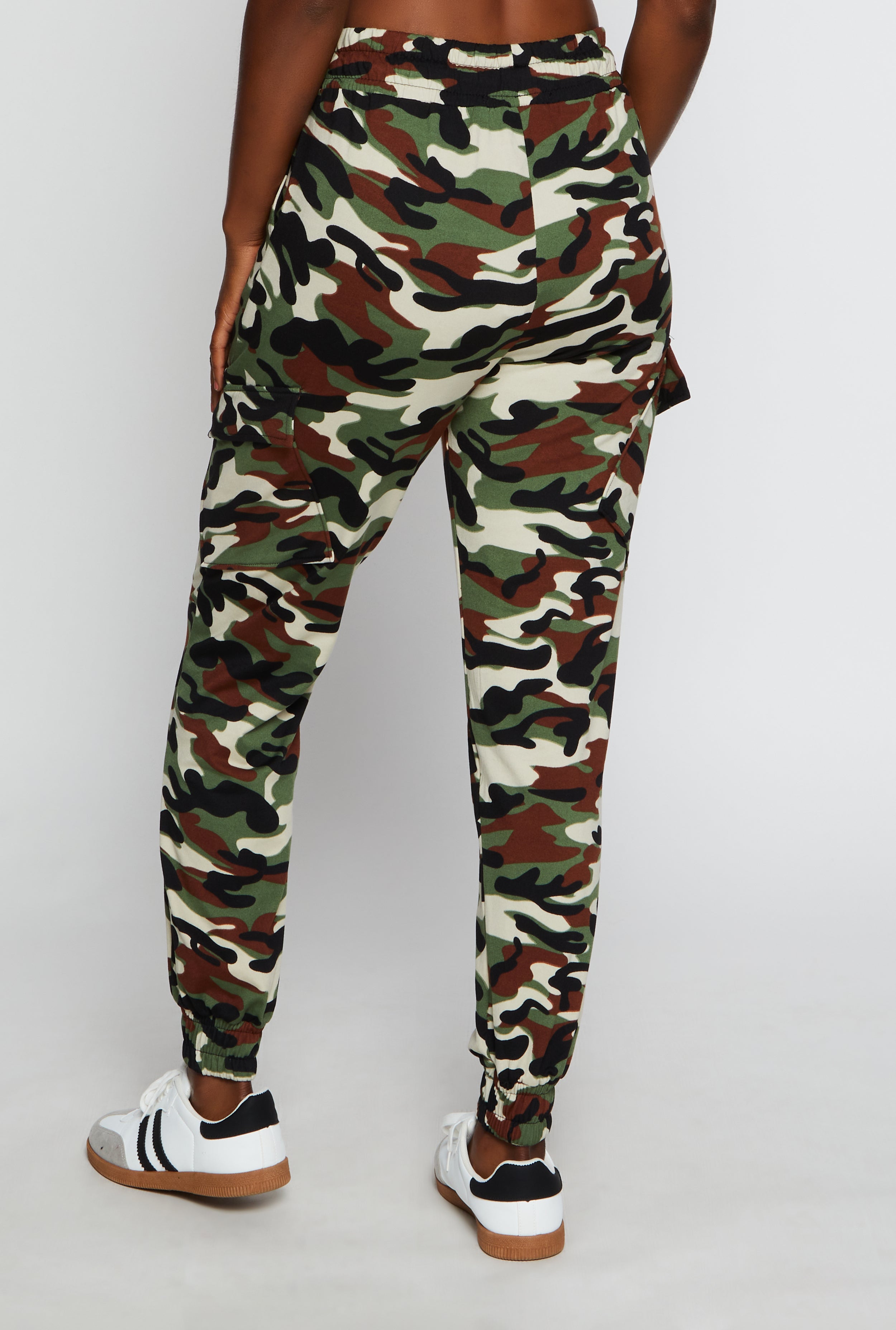 Womens Drawstring Camo Cargo Joggers, Green, Size S