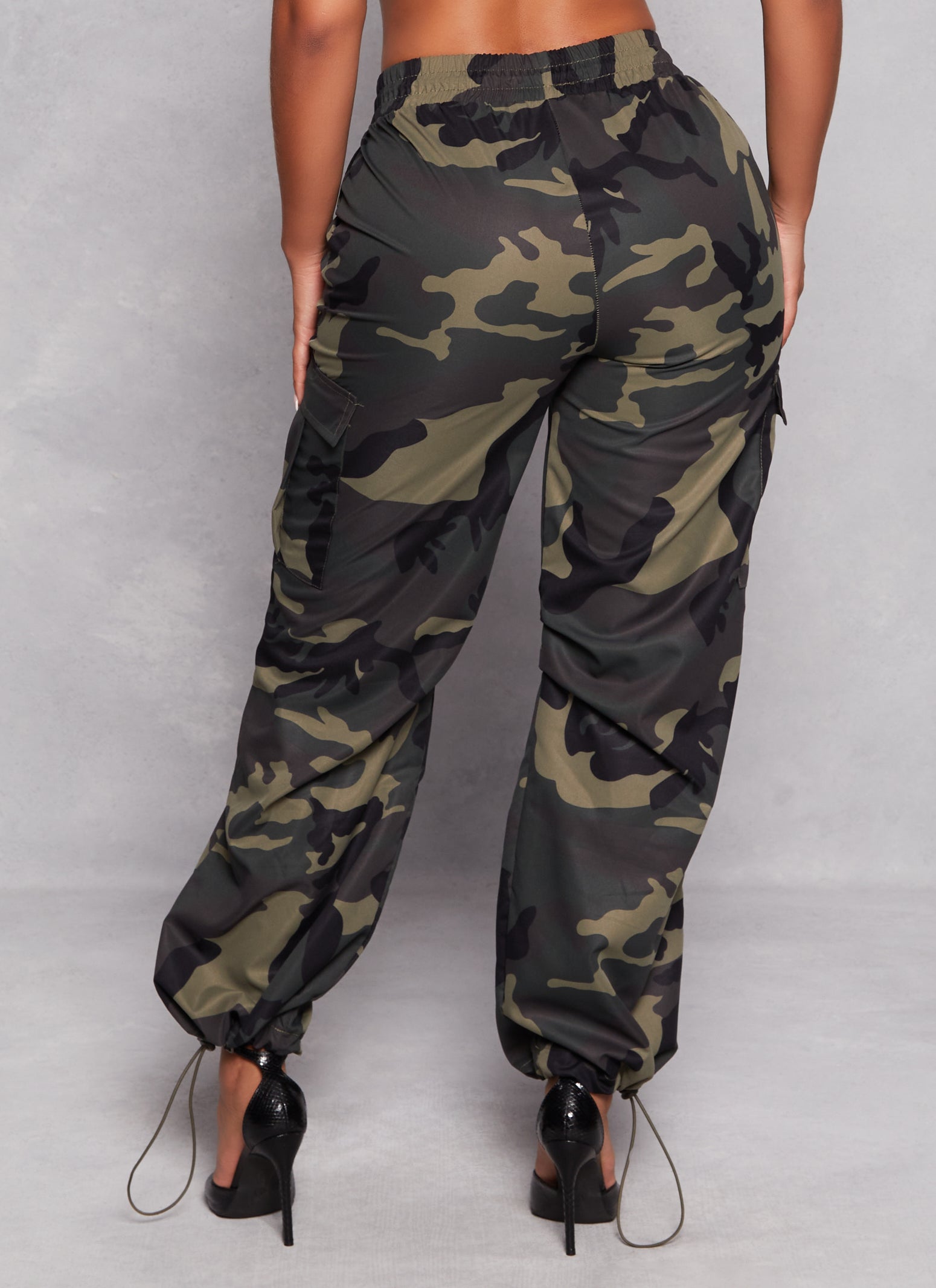 Womens Nylon Camo Cargo Joggers, Green, Size XL