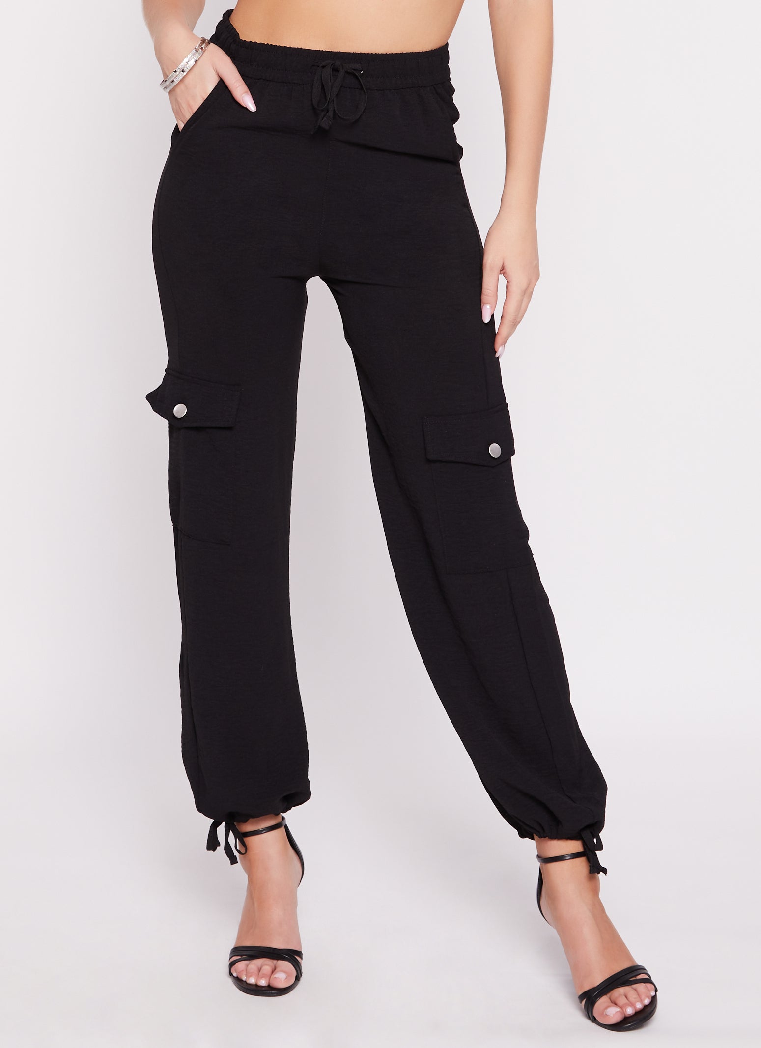 Womens Crepe Knit Drawstring Cargo Pocket Pants, Black,