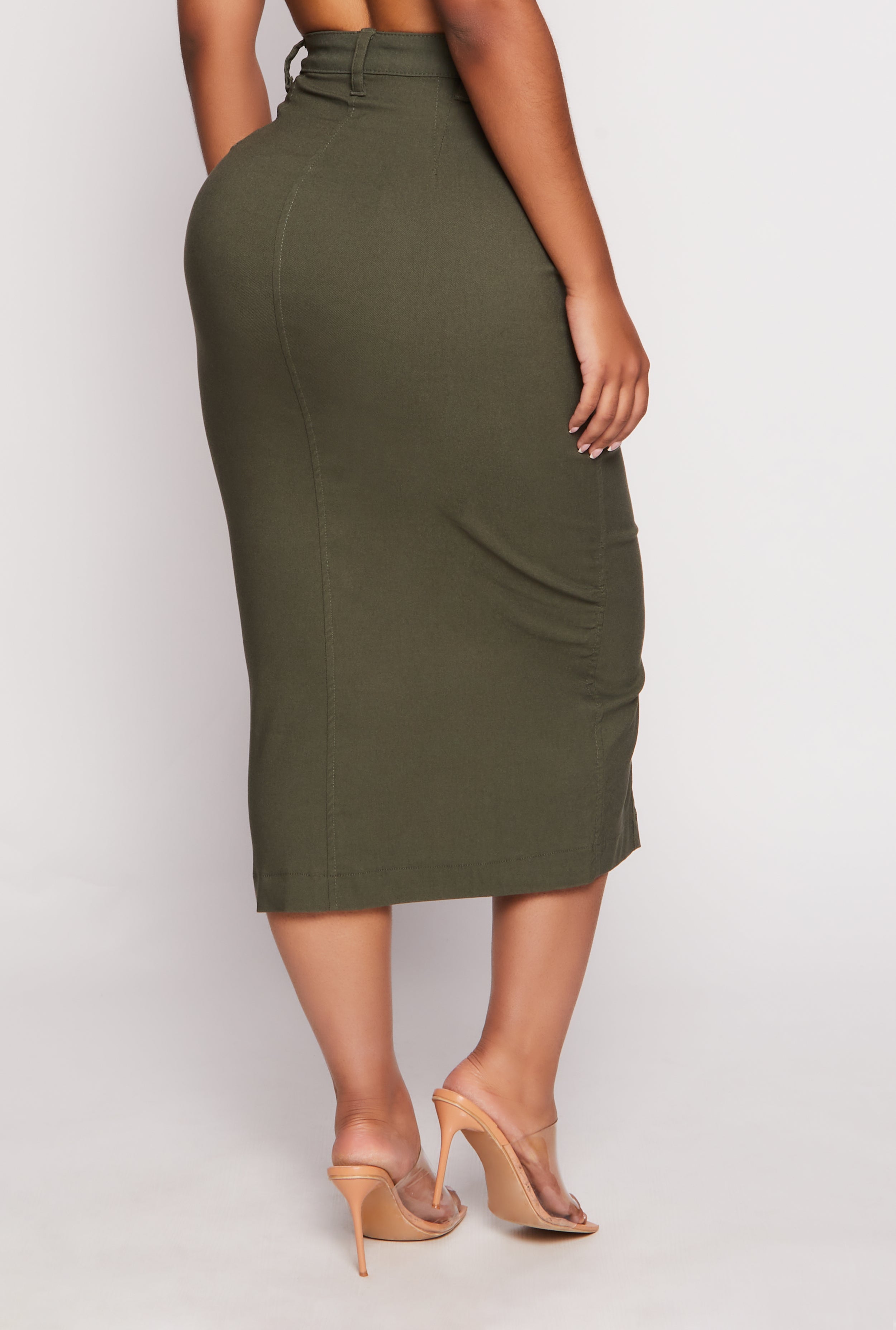 Womens Hyperstretch Button Detail Slit Hem Skirt, Green, Size S