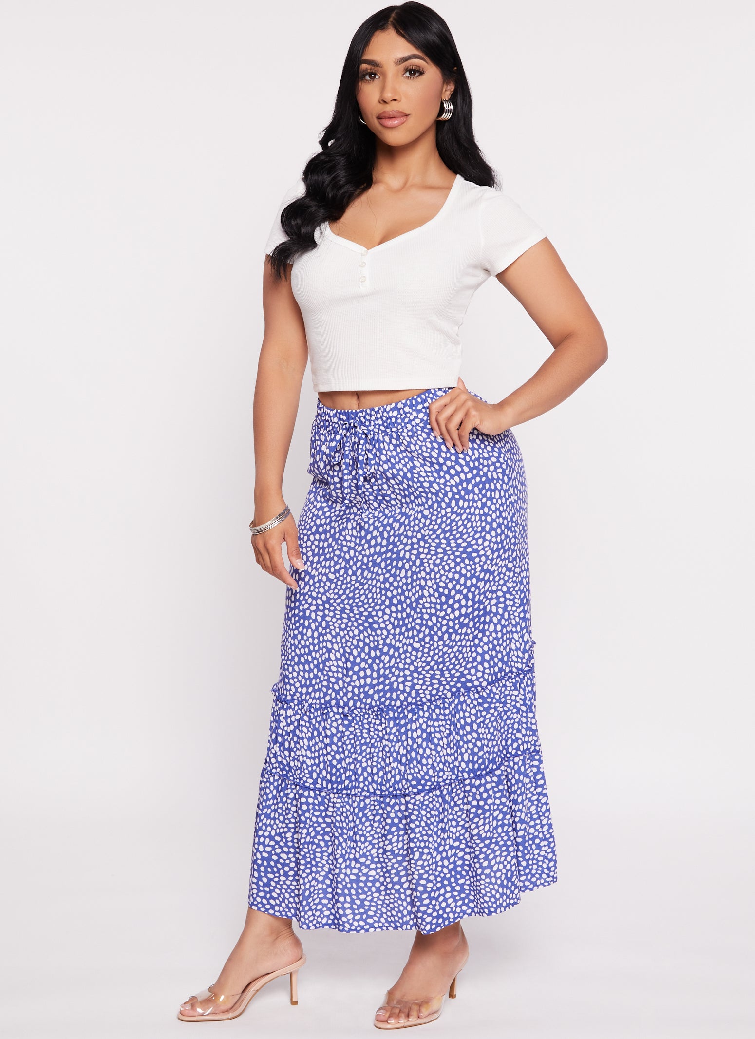 Womens Tiered High Waist Maxi Skirt, Blue, Size M