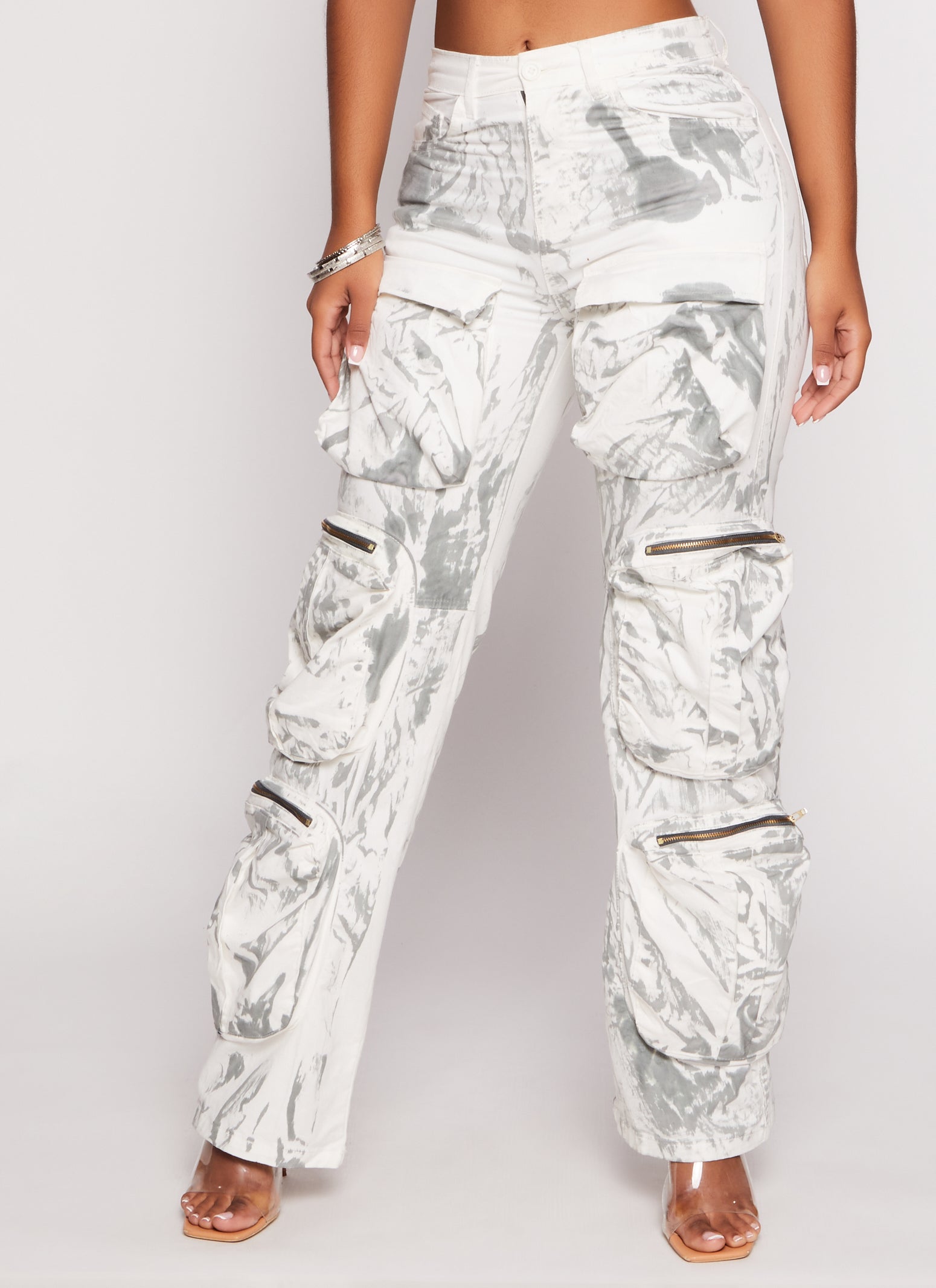 Womens Paint Splatter Zip Cargo Pants, Grey, Size M