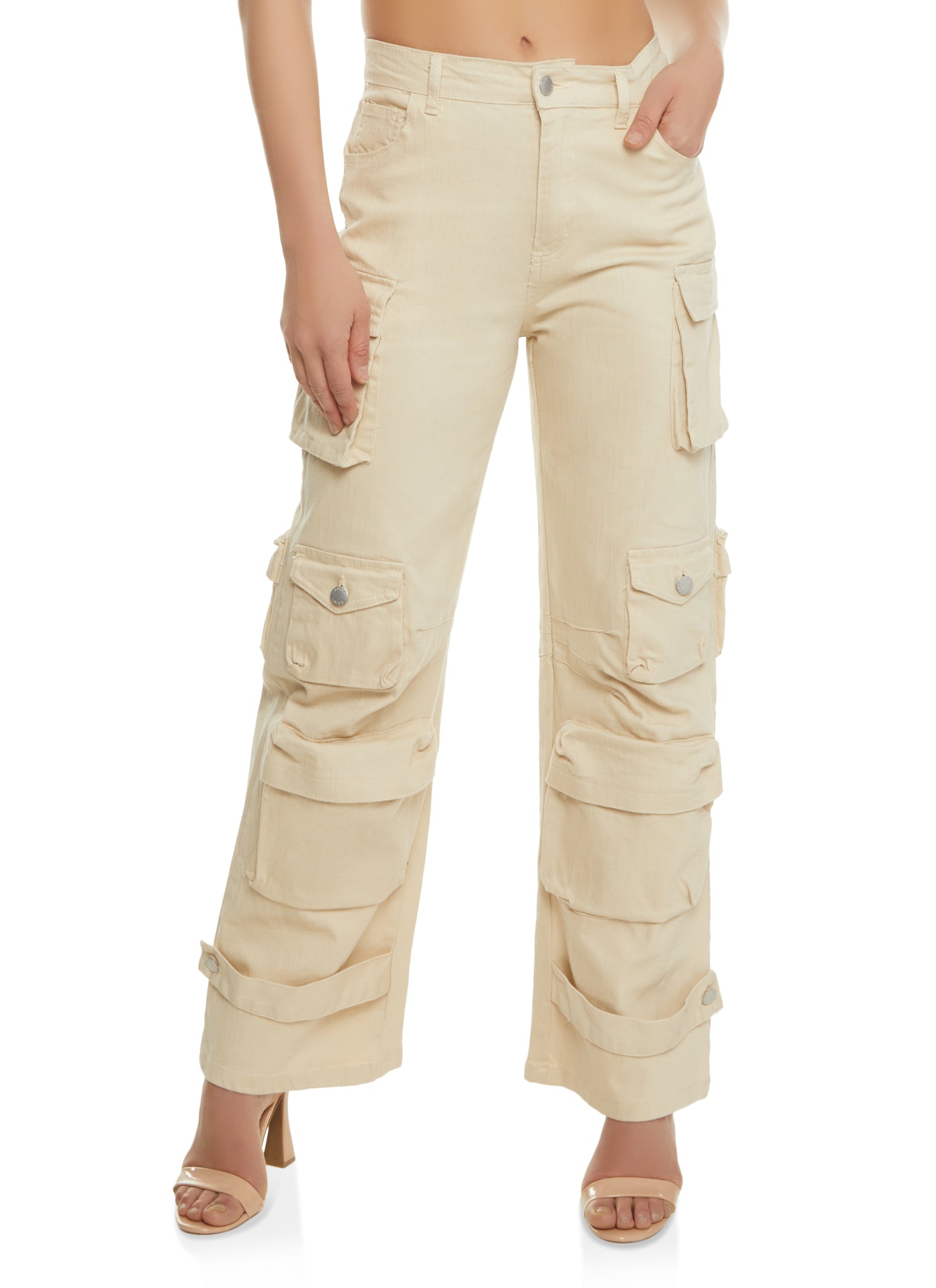 Womens Twill Wide Leg Strap Cargo Pants, Khaki, Size L