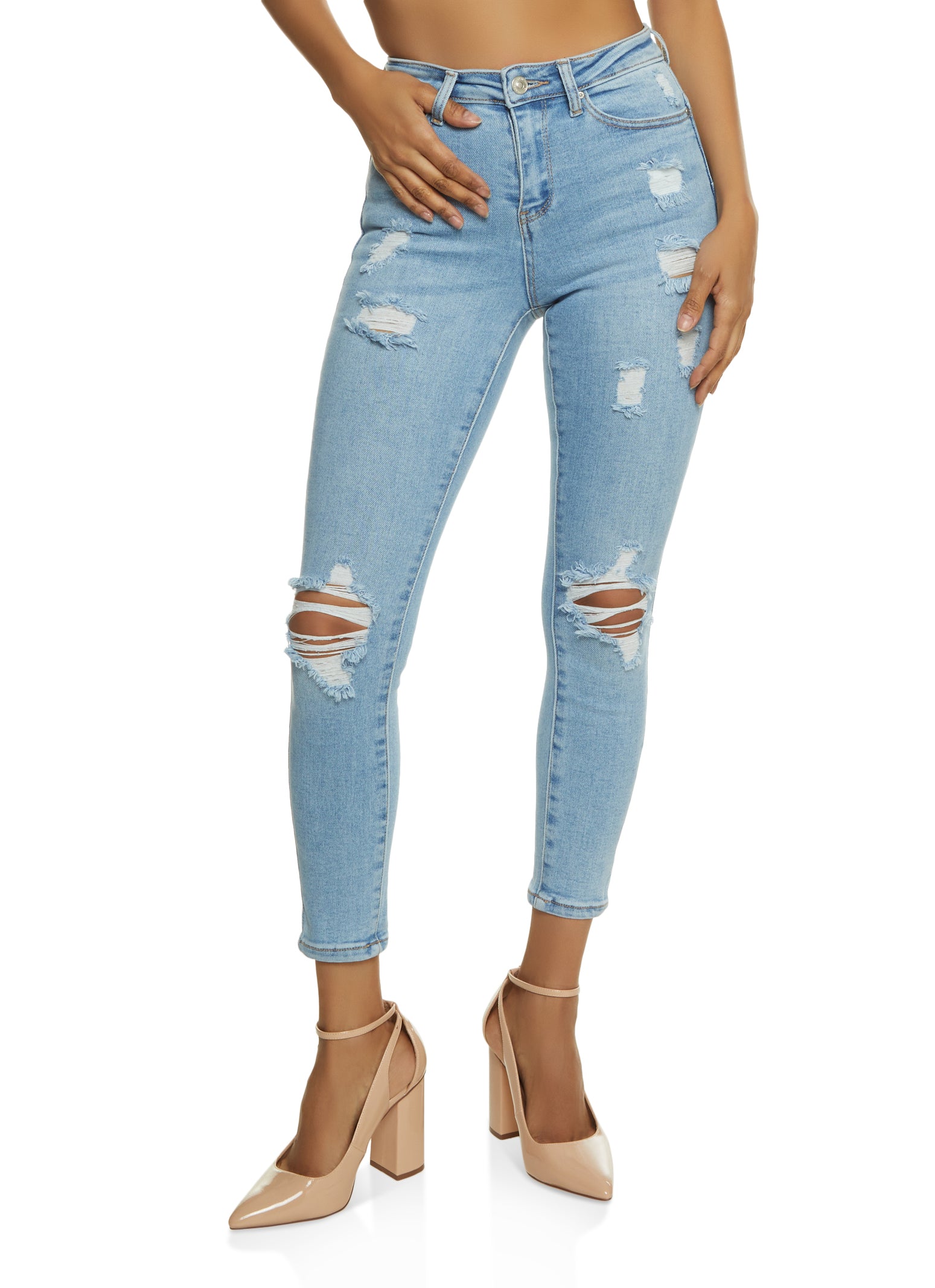 Womens WAX Distressed High Waist Skinny Jeans, Blue, Size 7