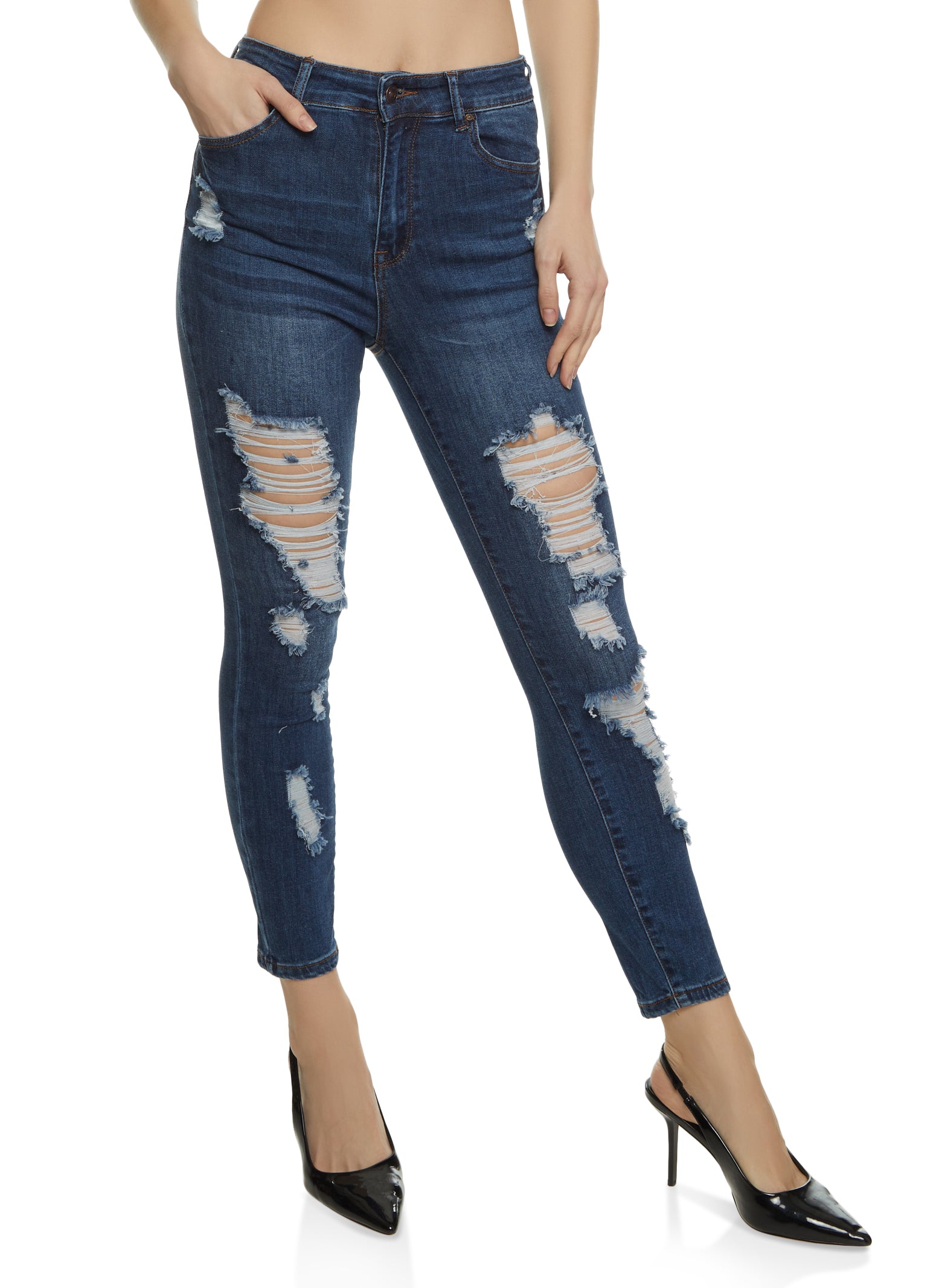 Womens WAX High Rise Distressed Skinny Jeans, Blue, Size M