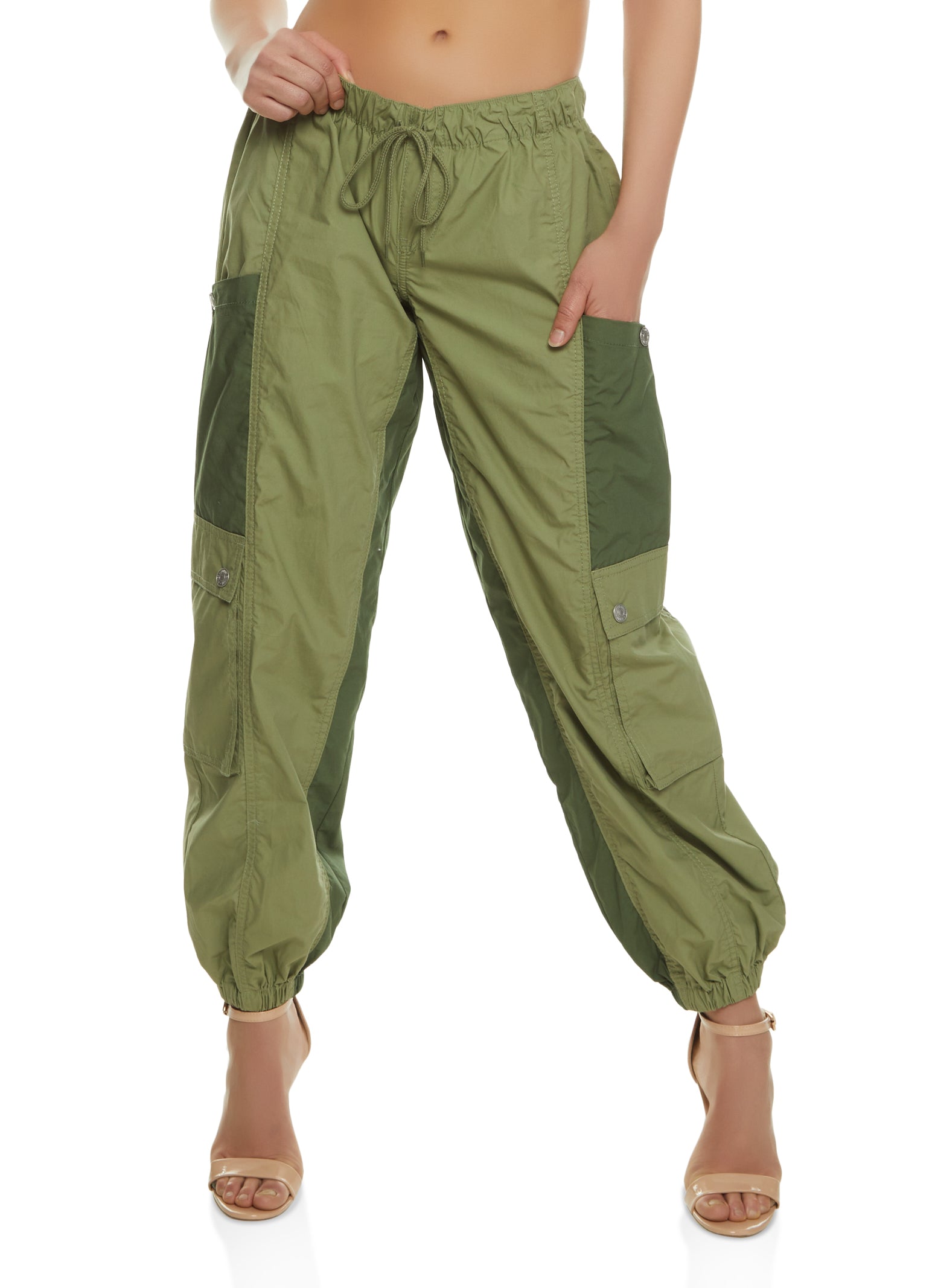 Womens Color Block Drawstring Cargo Joggers, Green, Size M