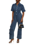 Short Sleeves Sleeves Denim Collared Pocketed Jumpsuit