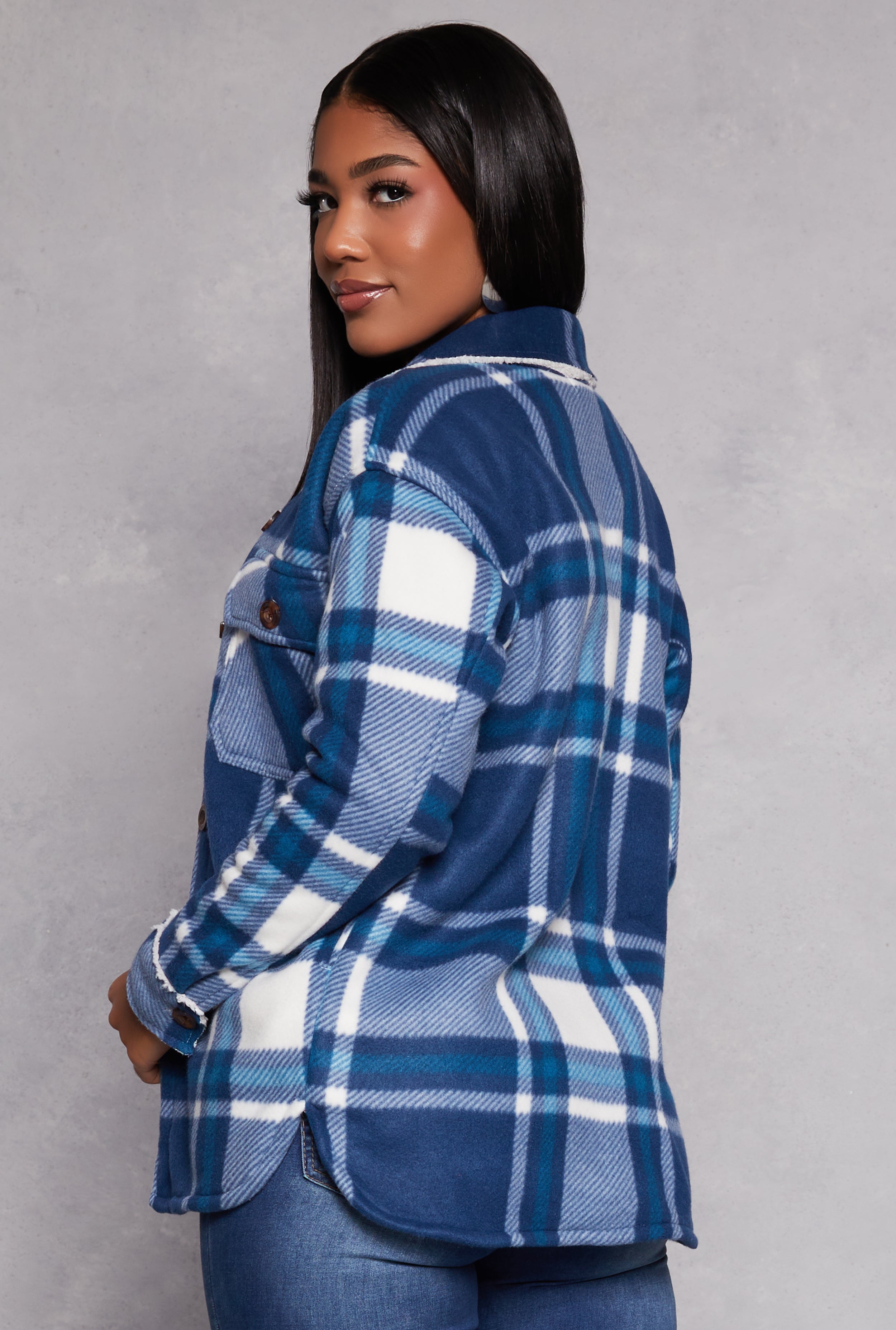 Womens Plaid Sherpa Lined Button Front Shacket,