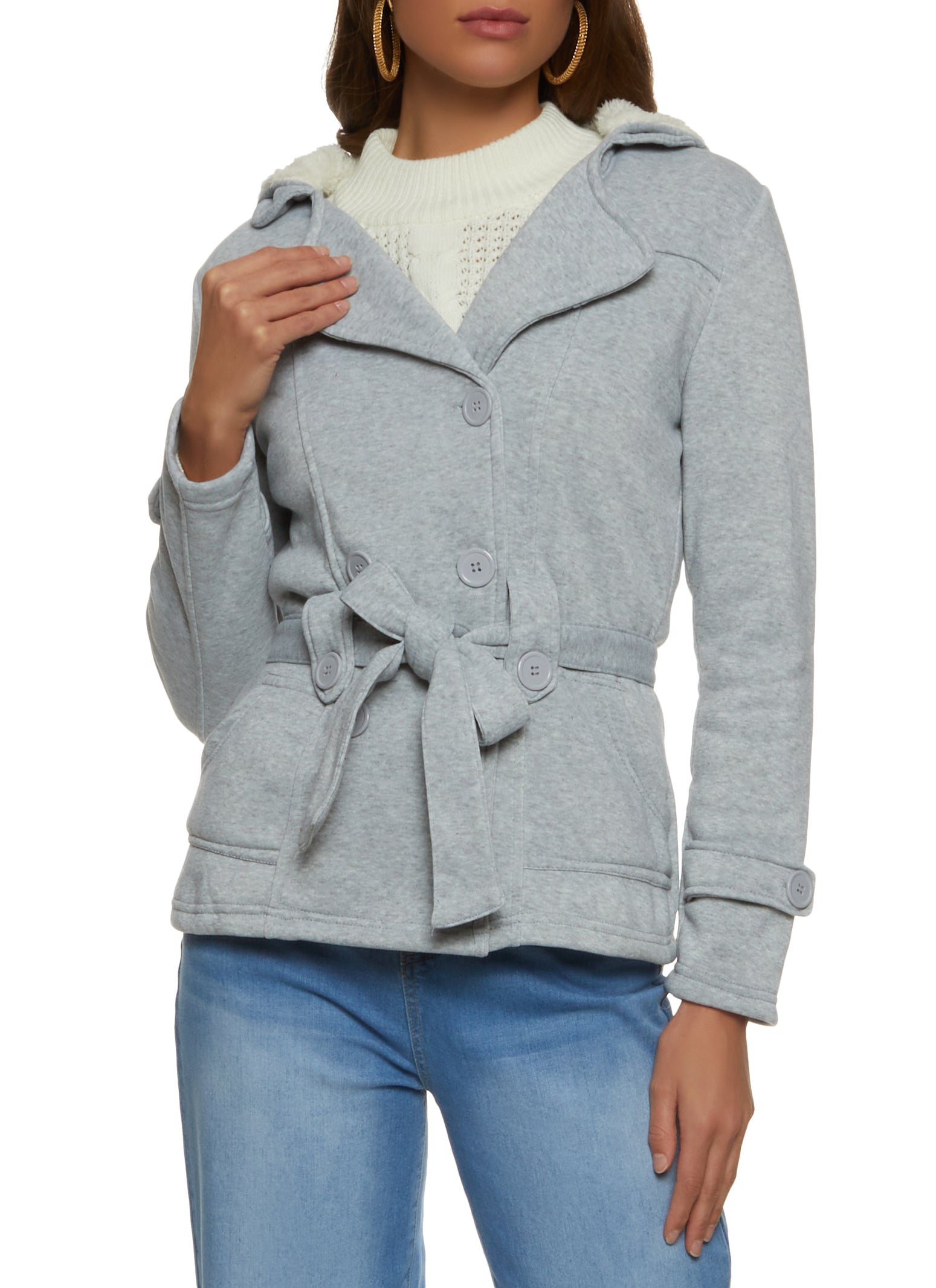 Womens Sherpa Lined Hooded Peacoat, Grey,