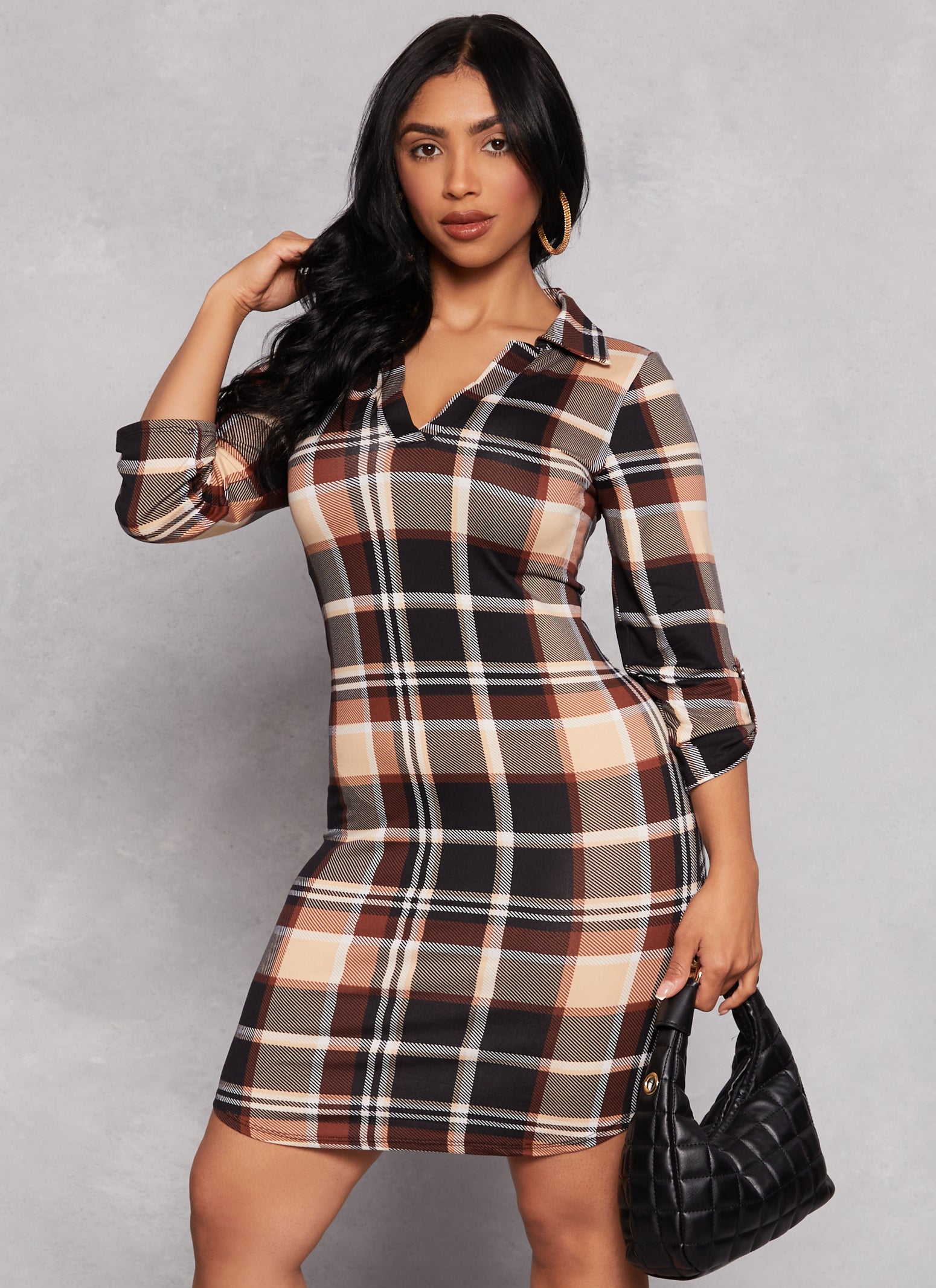 Womens Plaid Johnny Collar Shirt Dress, Multi, Size S