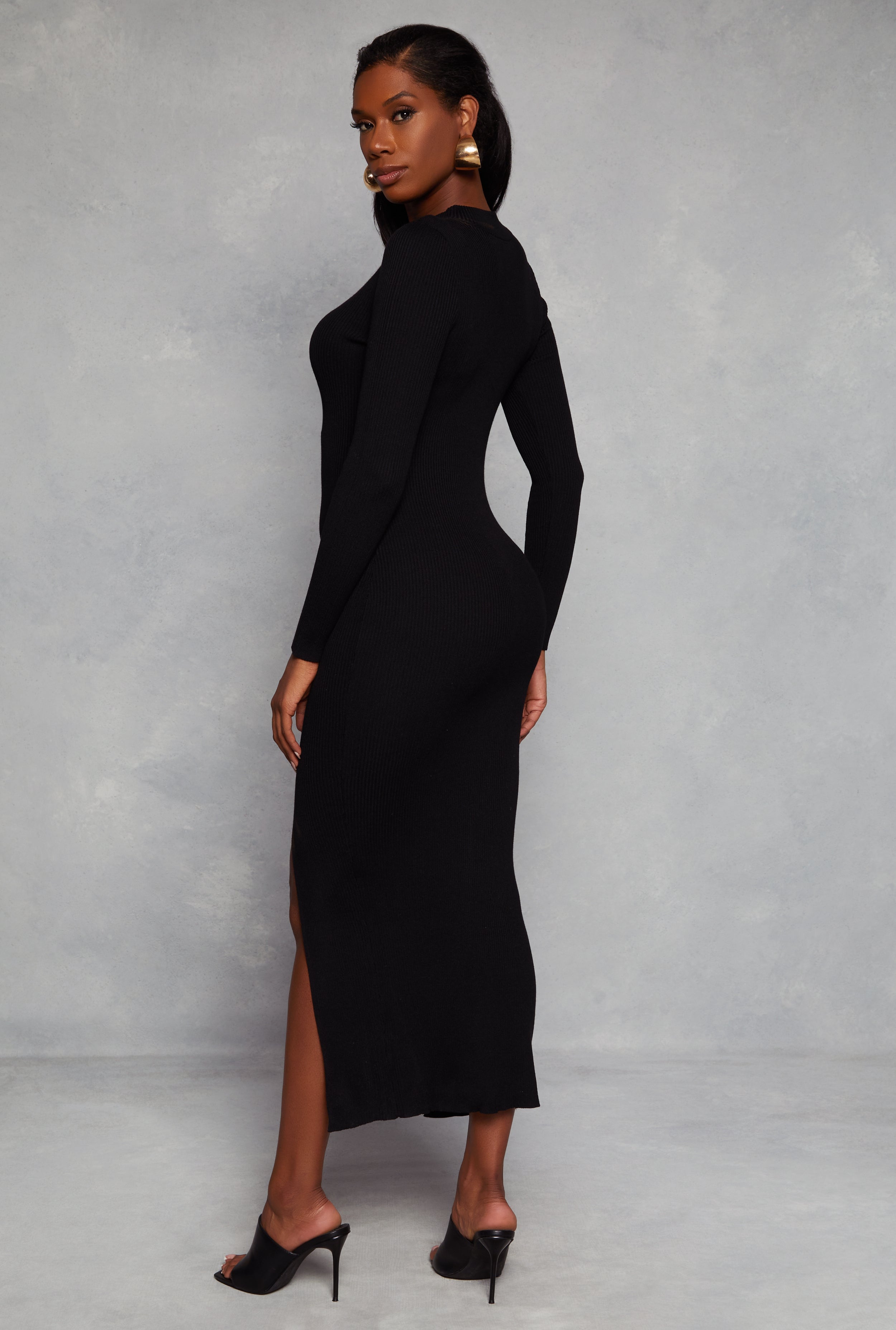 Womens Mock Neck Long Sleeve Side Slit Maxi Dress,