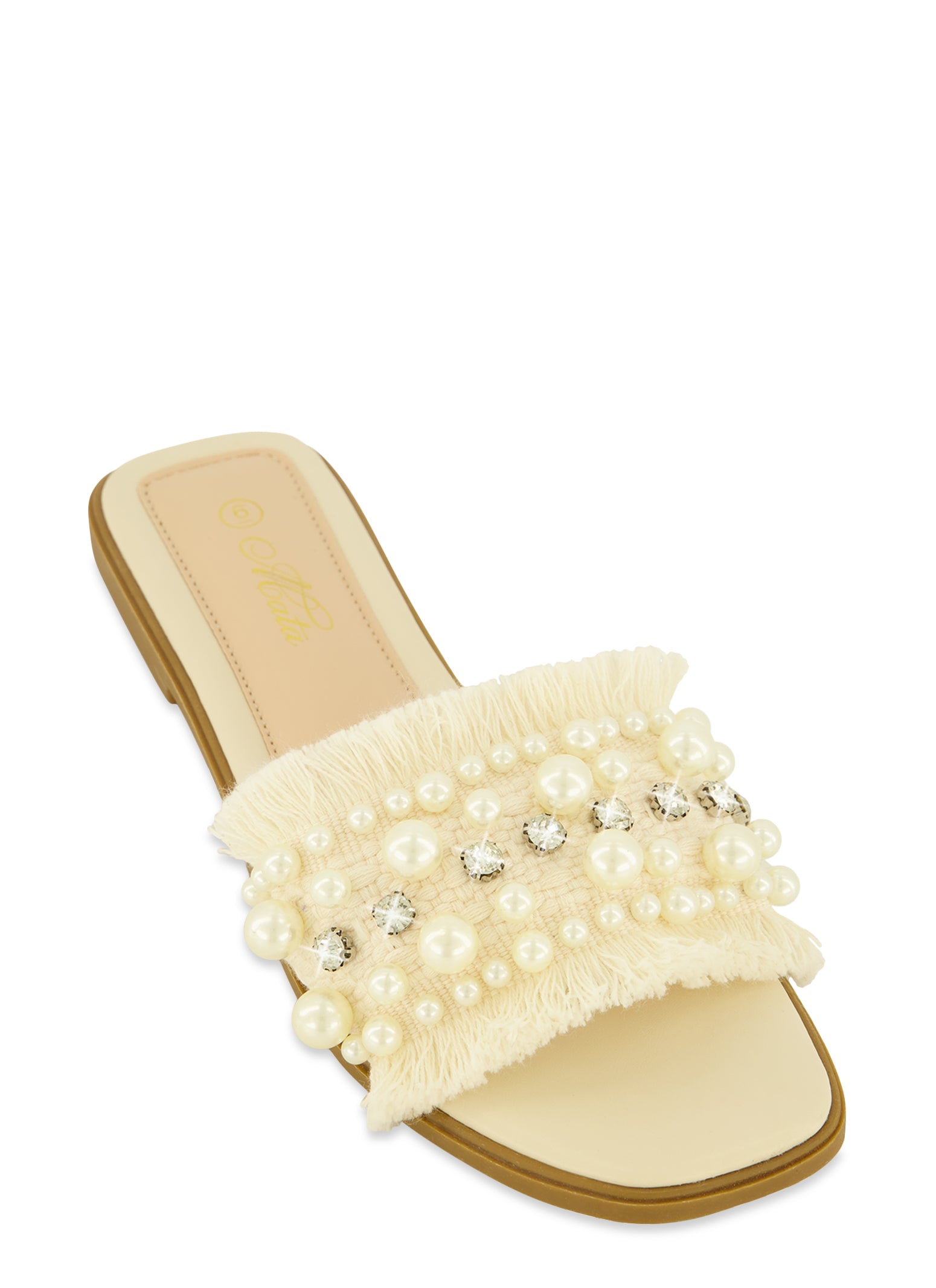 Womens Faux Pearl Rhinestone Frayed Band Slide Sandals