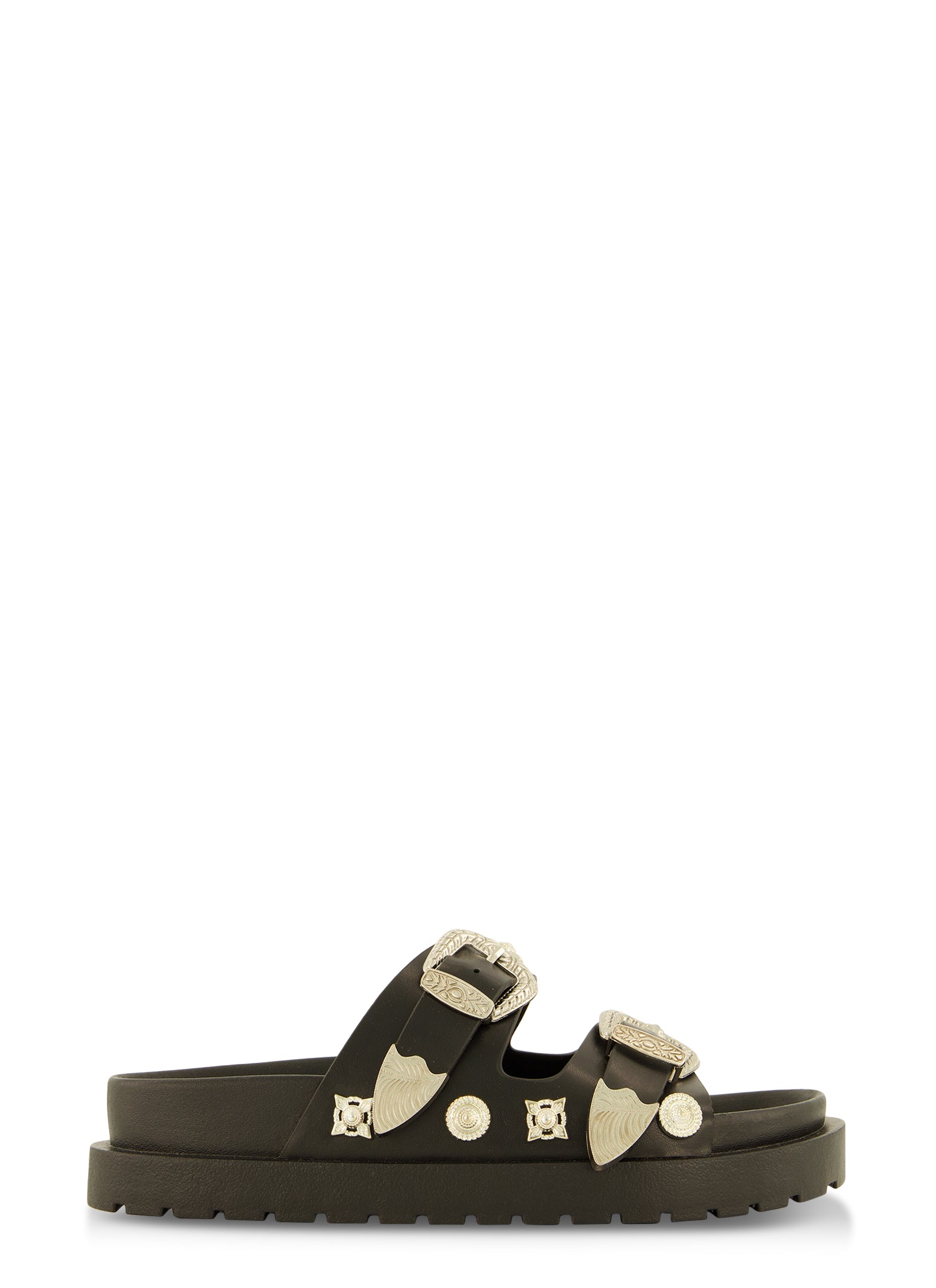 Womens Double Buckle Band Embellished Slide Sandals,