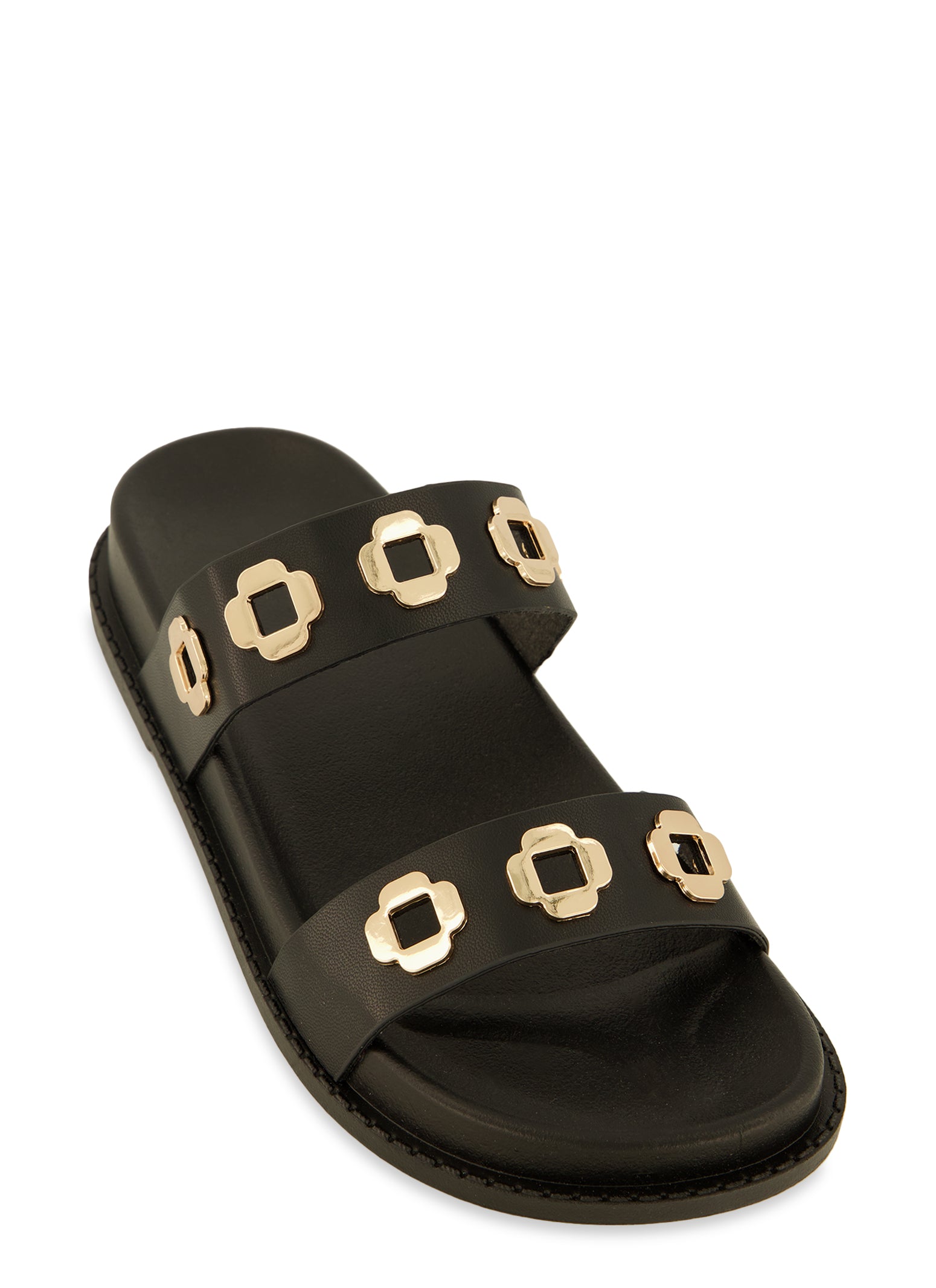 Womens Geometric Metallic Eyelet Double Band Slide Sandals, Black,