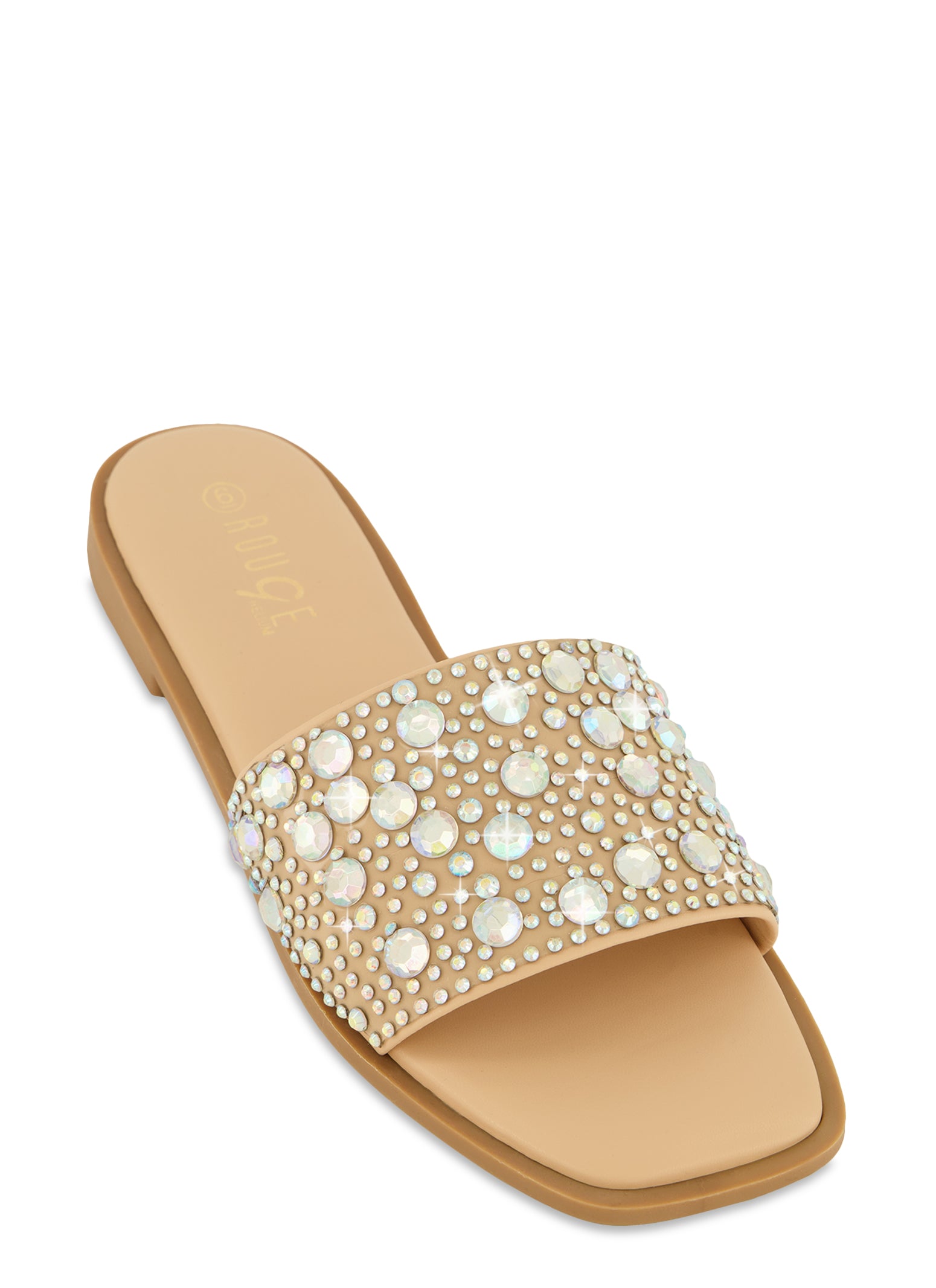 Womens Rhinestone Band Square Toe Slide Sandals,