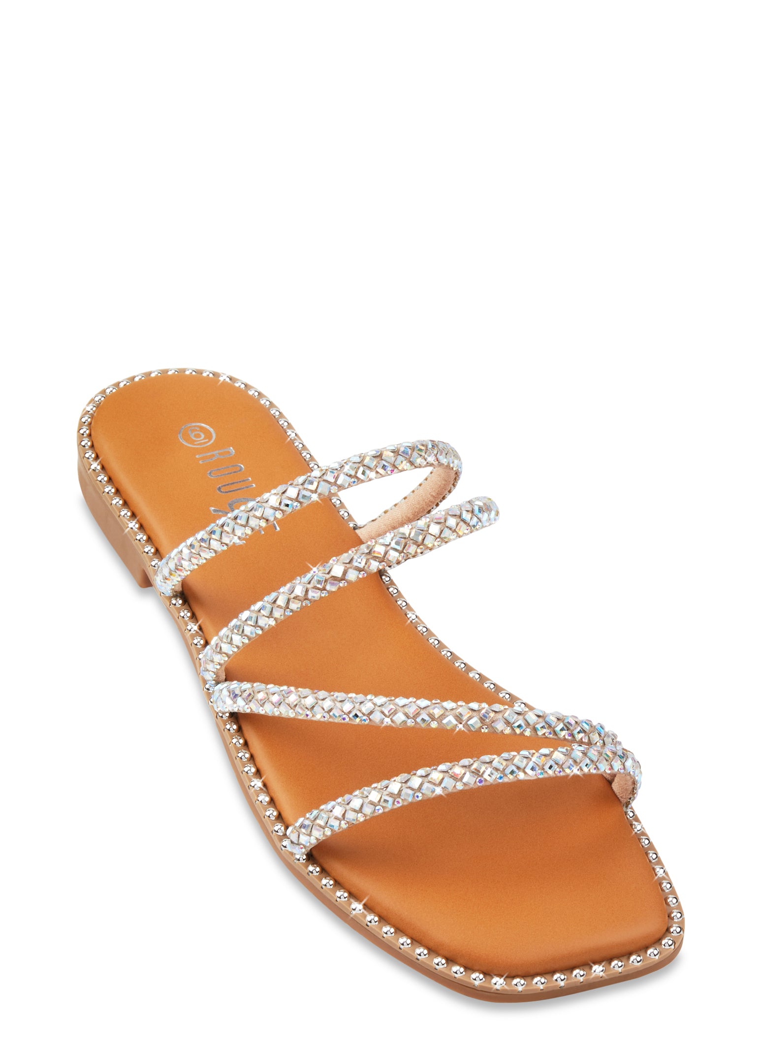 Womens Studded Trim Strappy Rhinestone Slide Sandals,