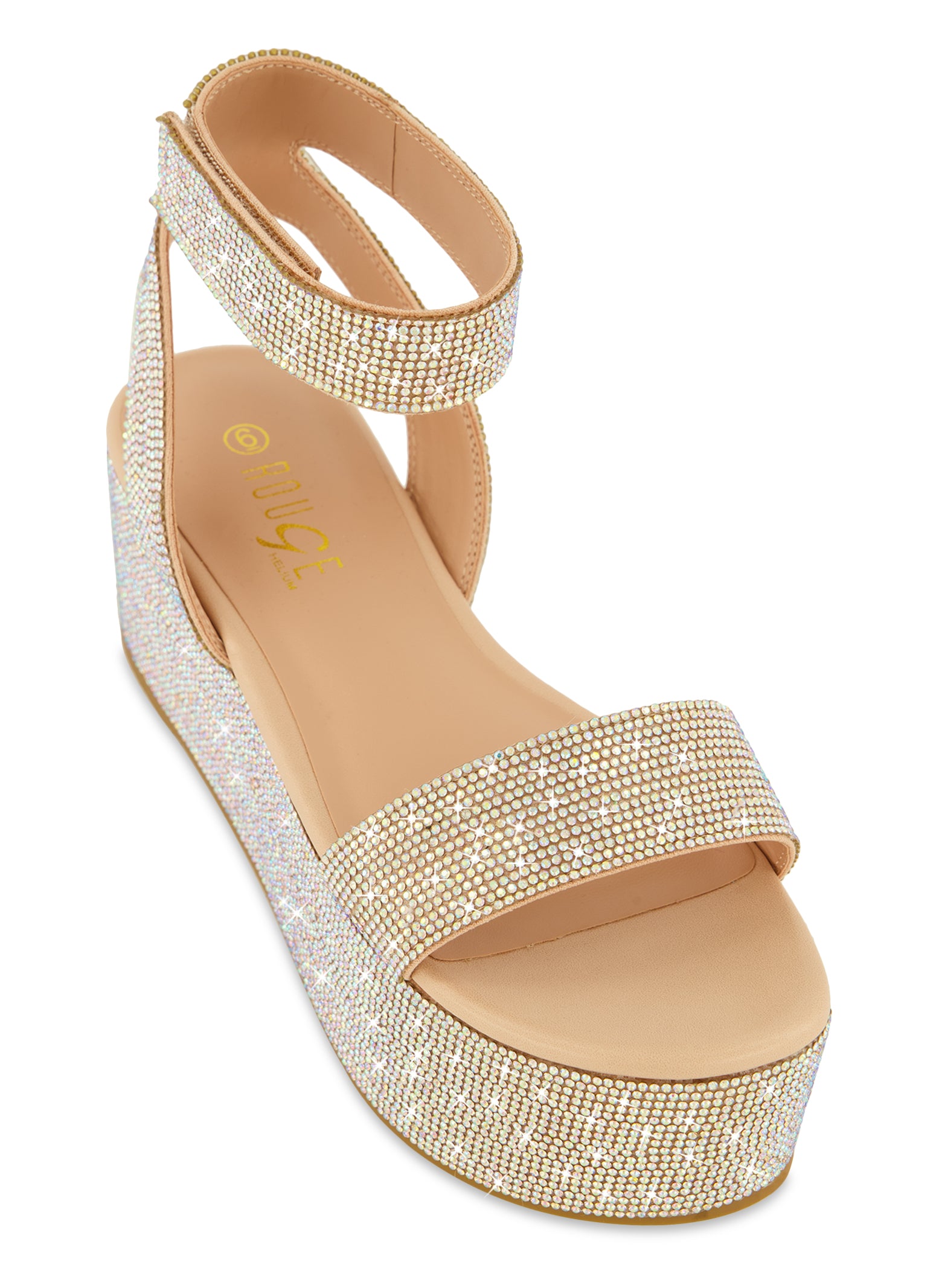 Womens Velcro Strap Rhinestone Platform Sandals, Beige,