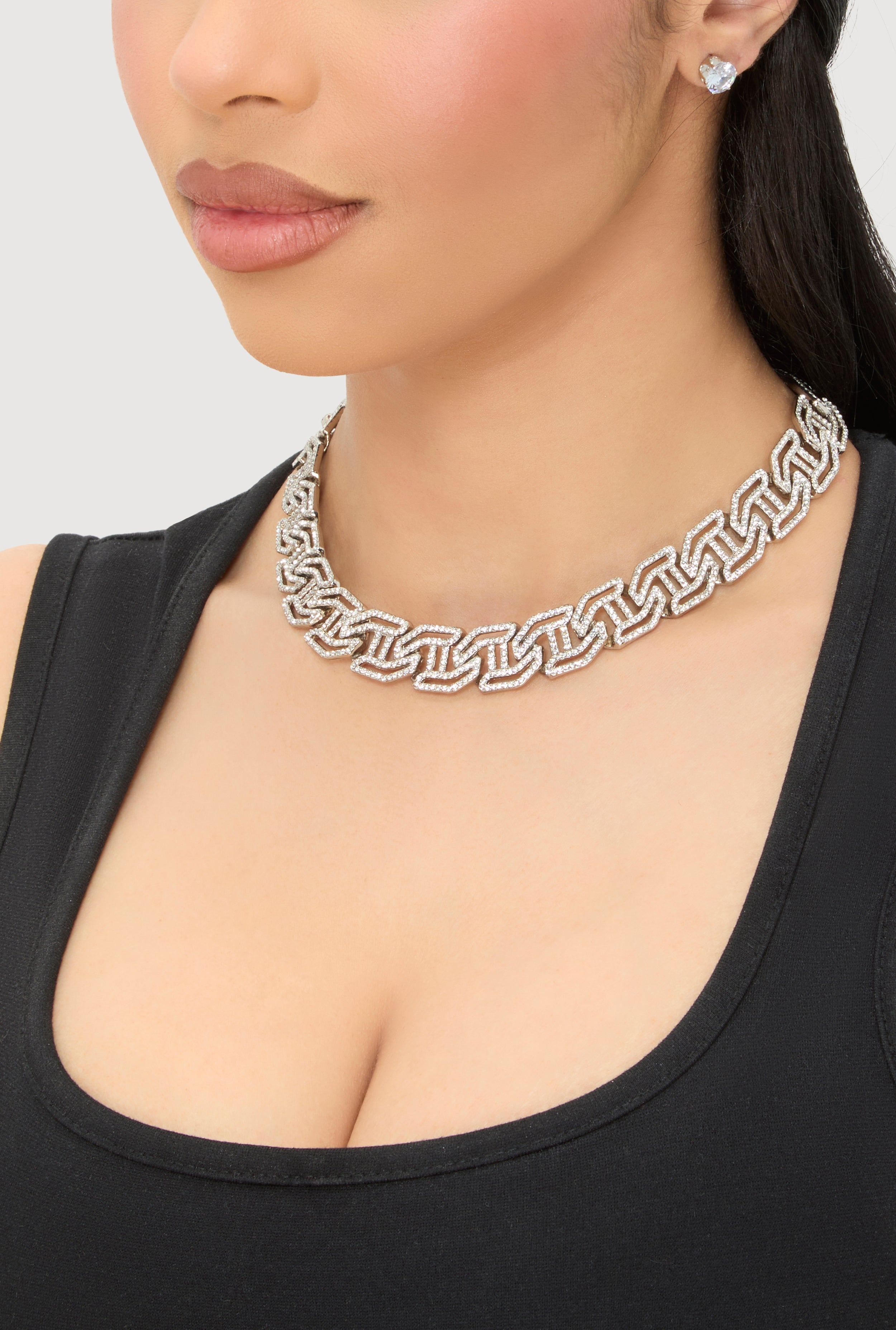 Womens Cubic Zirconia Geometric Necklace and Stud Earrings, Silver