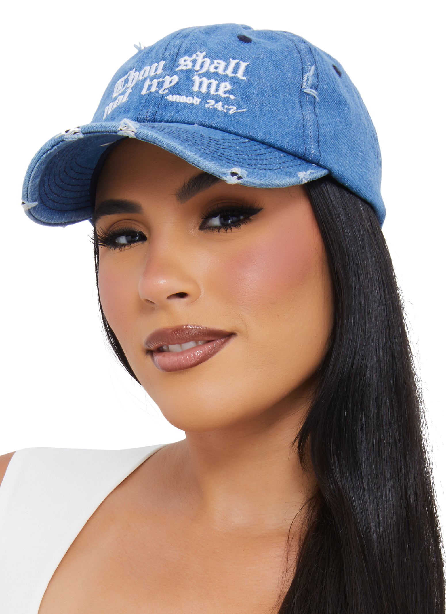 Womens Thou Shall Not Try Me Distressed Baseball Cap, Blue