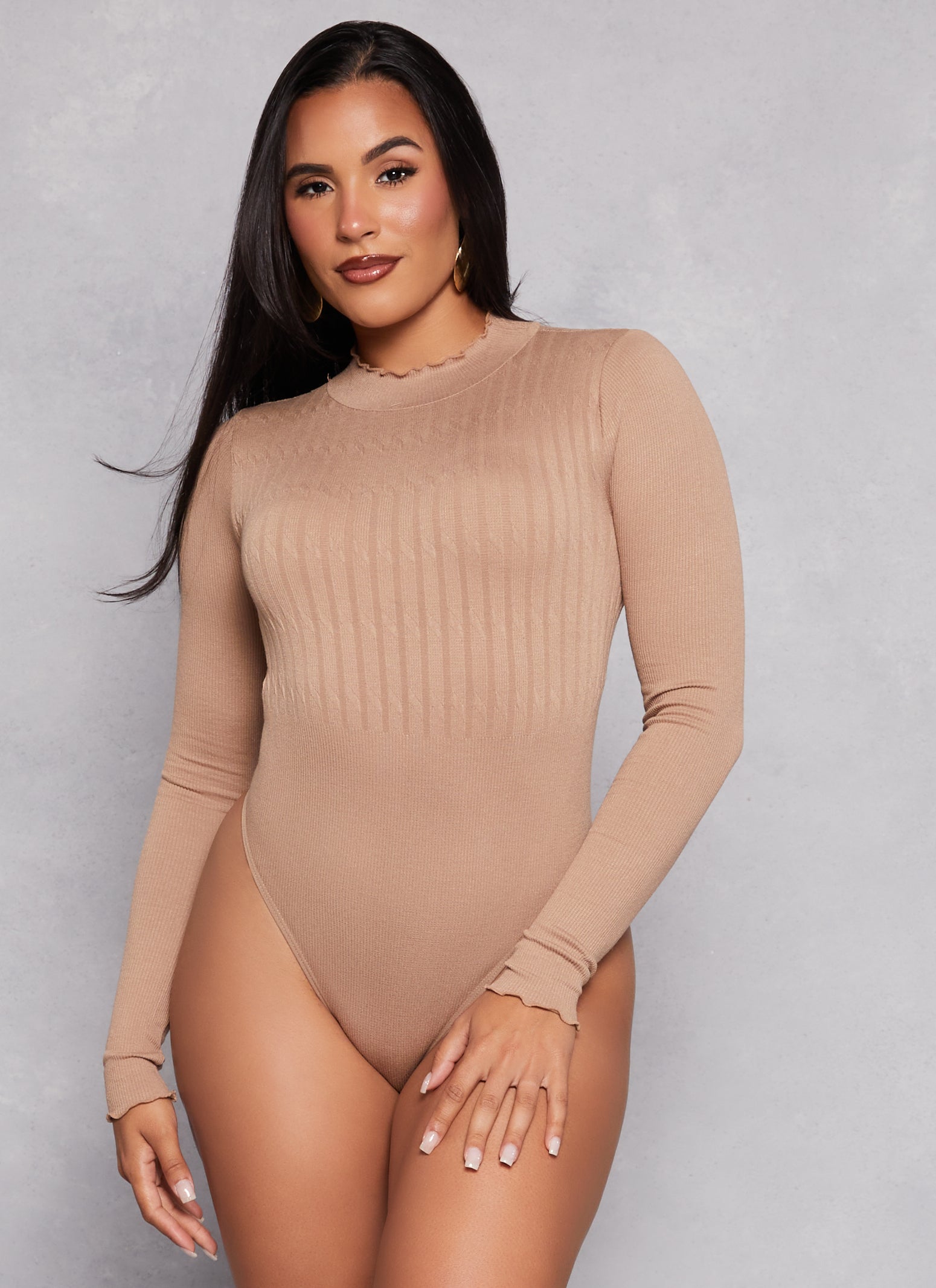 Womens Seamless Mock Neck Long Sleeve Bodysuit, Beige,