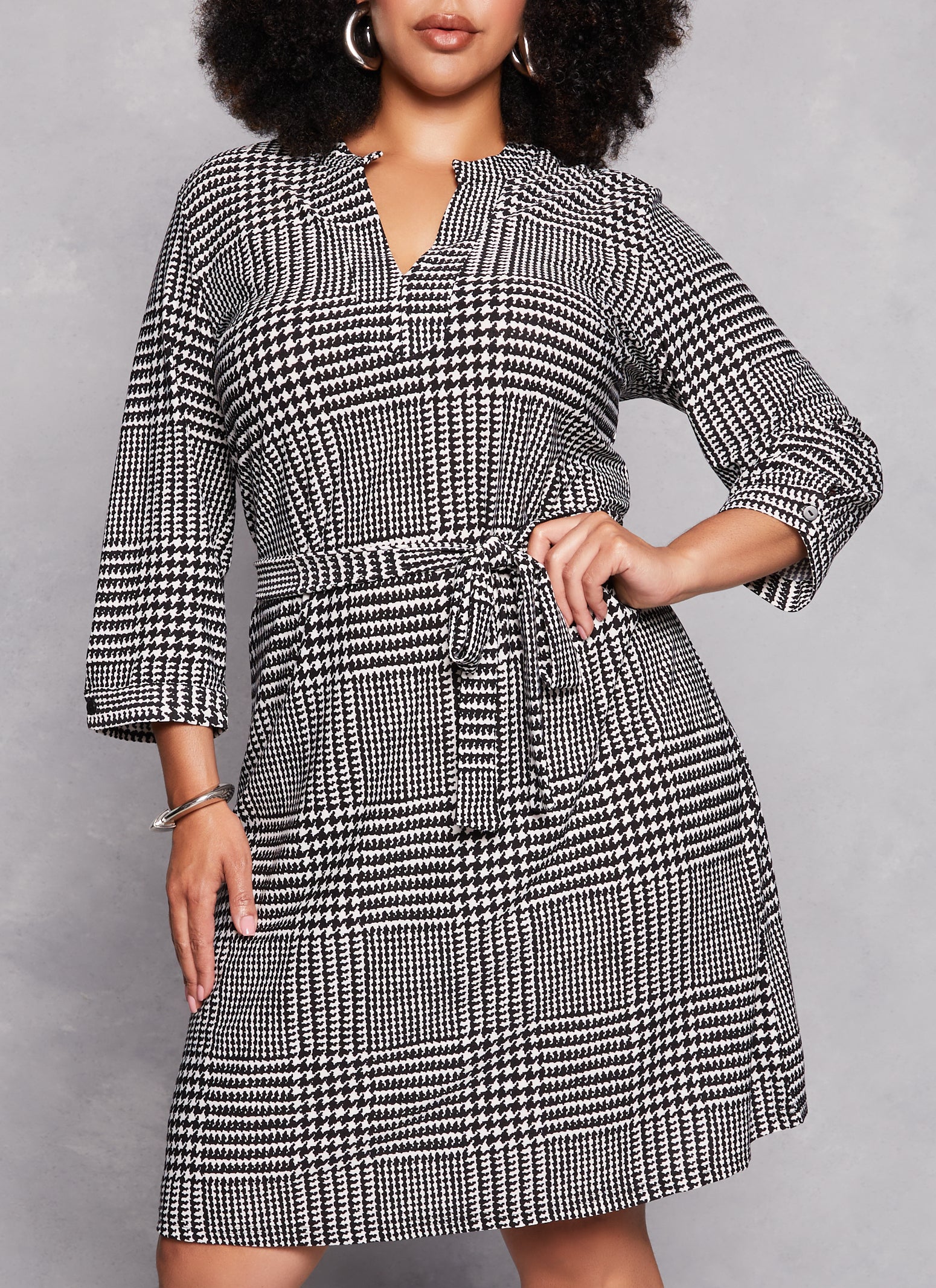 Womens Plus Size Houndstooth Tie Waist Shirt Dress, Multi, Size 2X