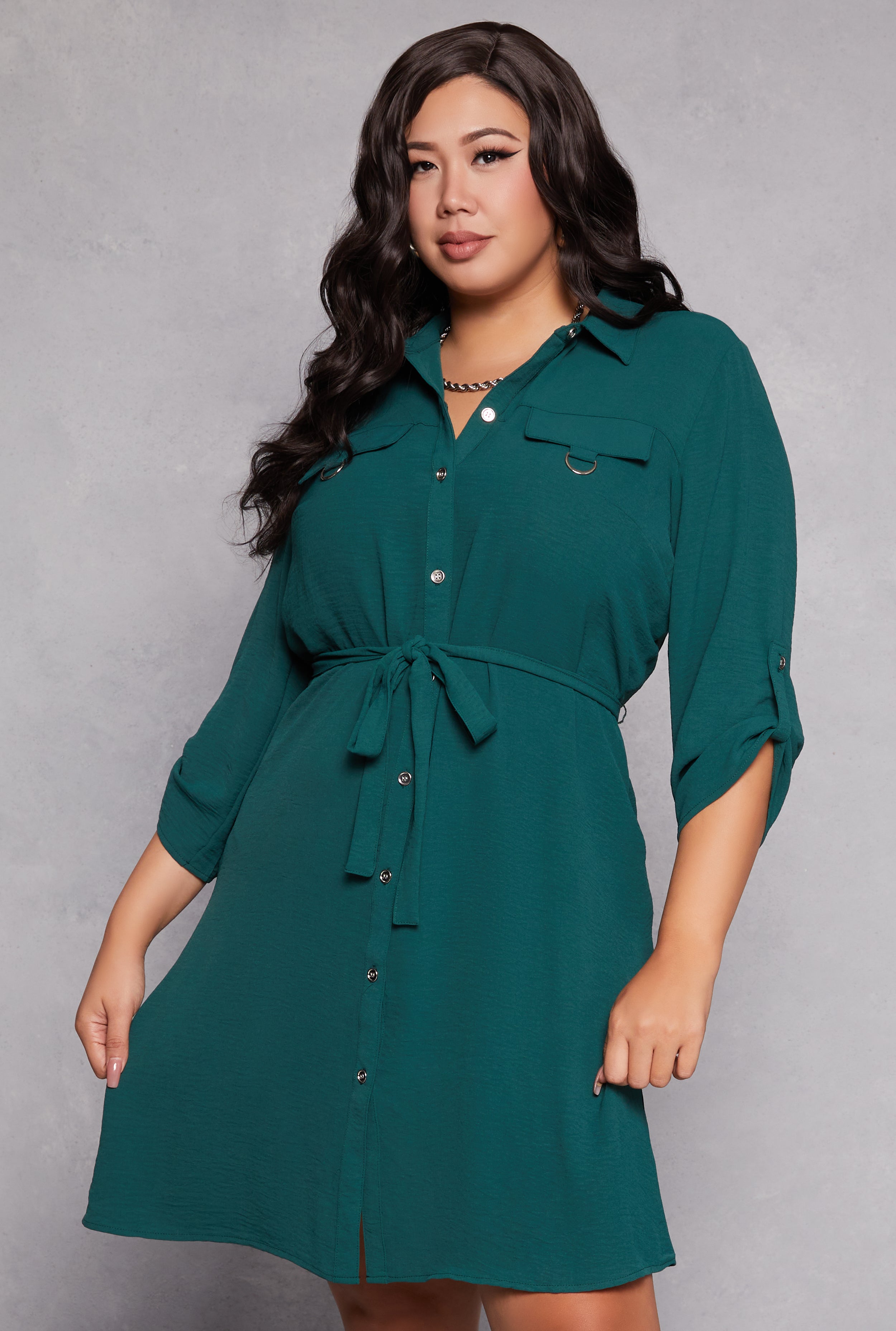 Womens Plus Size Crepe Knit Tie Waist Shirt Dress, Green, Size 3X