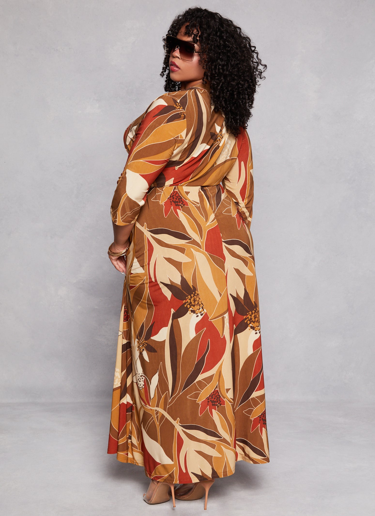 Womens Plus Size Printed Faux Wrap Maxi Dress, Brown, Size 2X