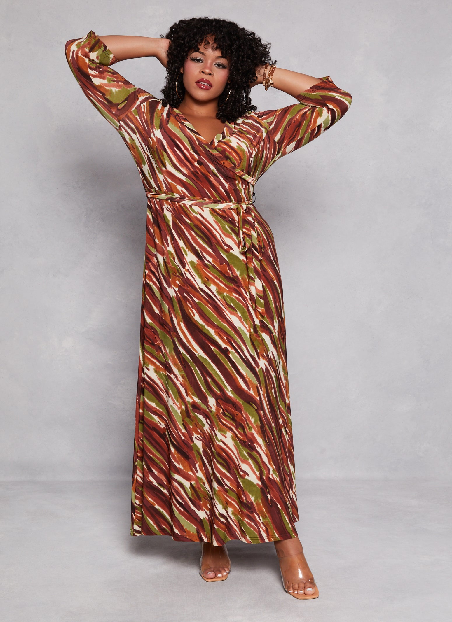 Womens Plus Size Printed Pattern Maxi Faux Wrap Dress, Multi, Size 2X