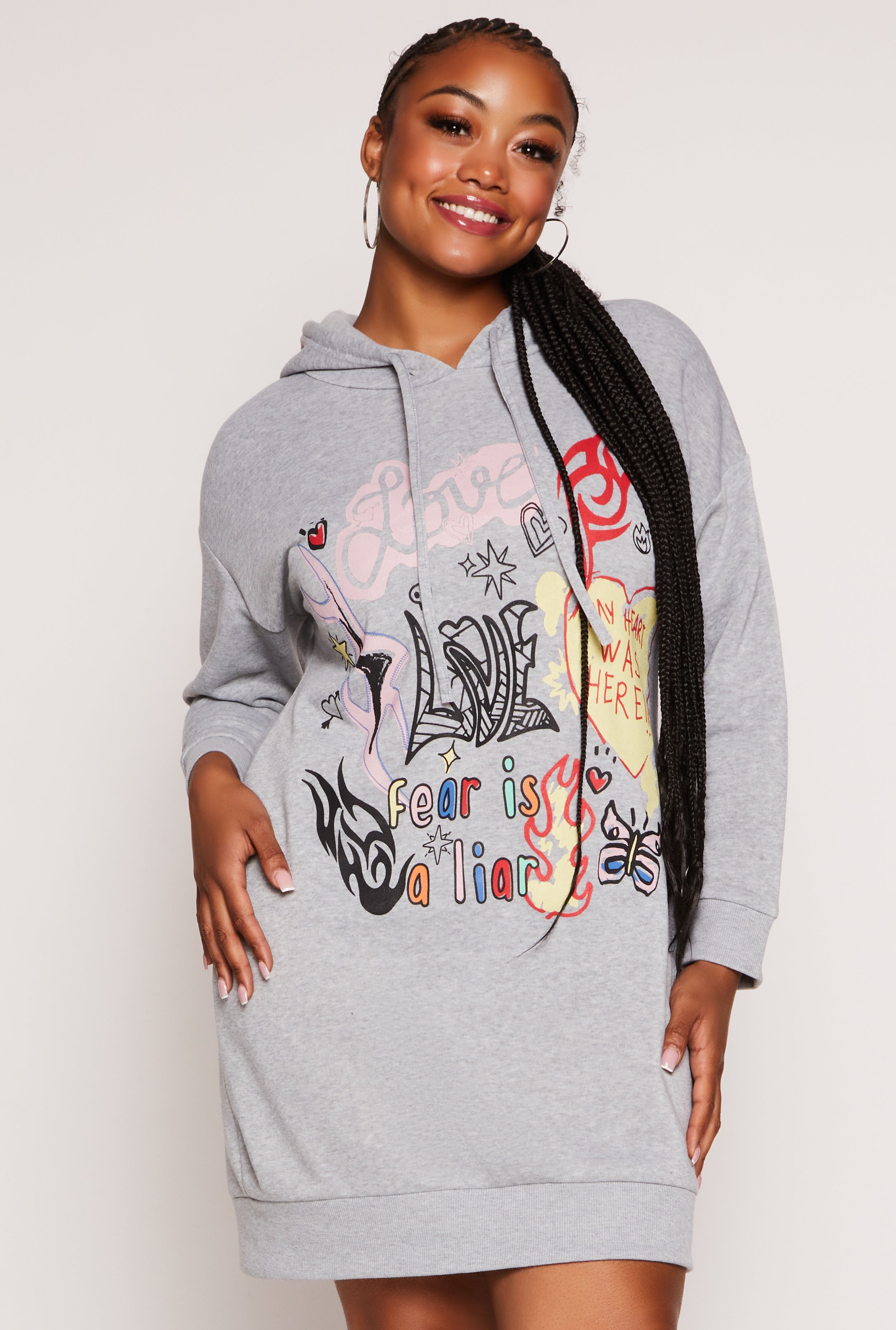 Womens Plus Size Love Graffiti Graphic Hoodie Dress, Grey, Size 1X