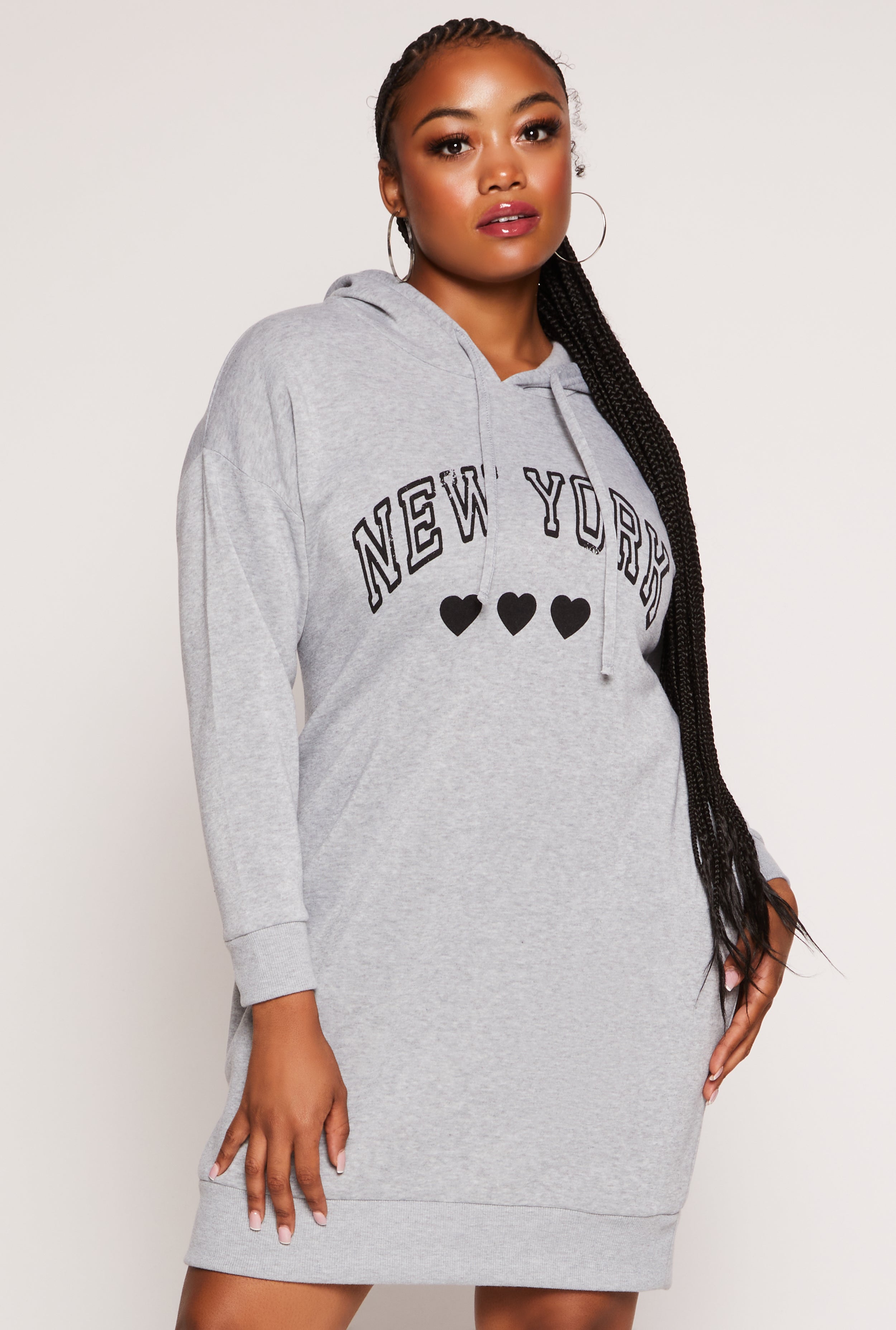 Womens Plus Size New York Graphic Hoodie Dress, Grey, Size 2X