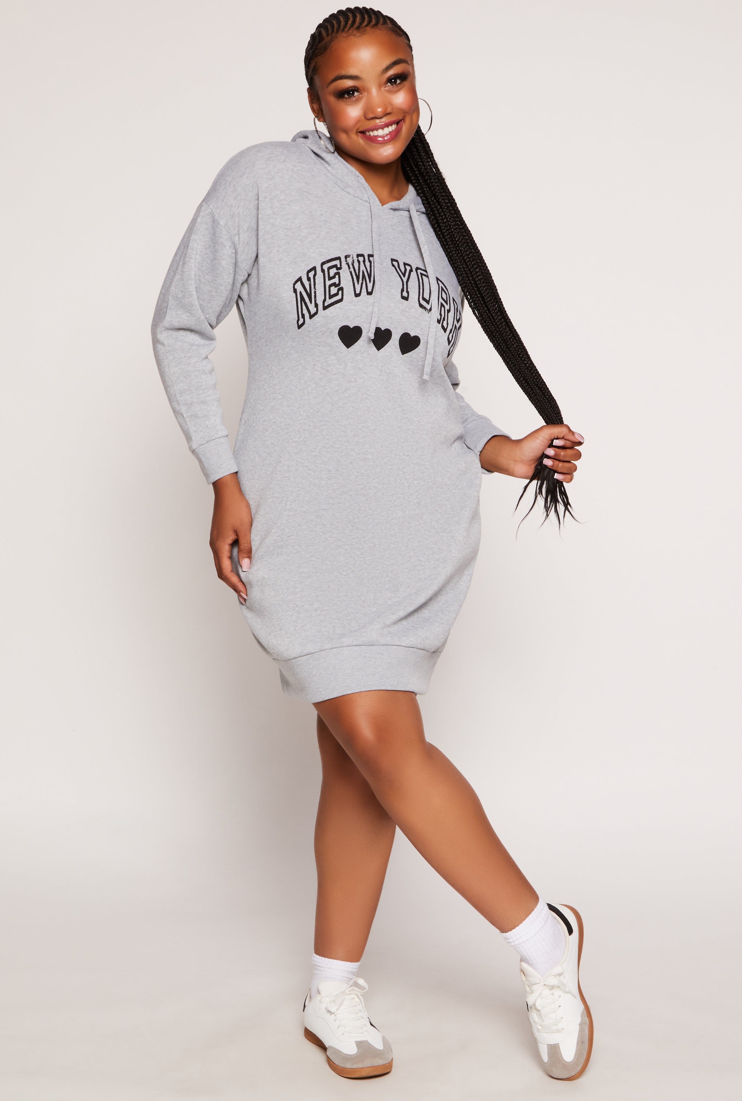 Womens Plus Size New York Graphic Hoodie Dress, Grey, Size 3X