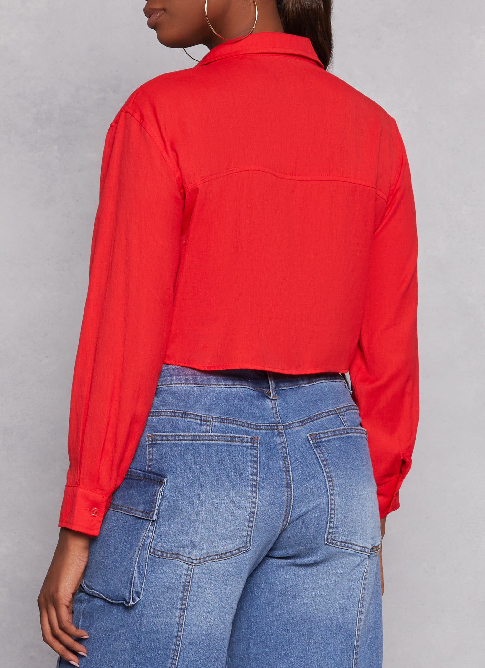 Womens Poplin Cropped Button Front Shirt, Red, Size L