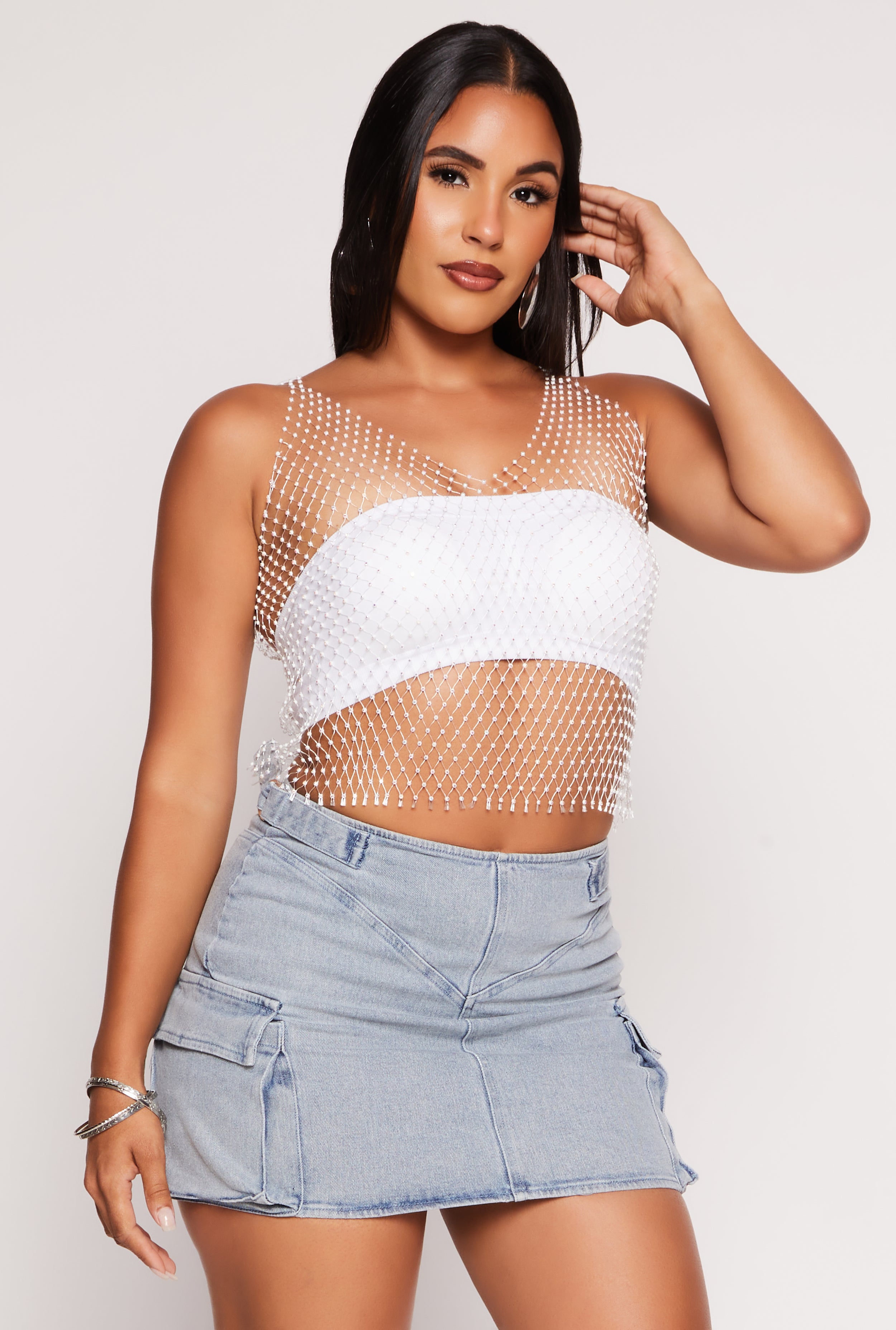 Womens Haute Monde Fishnet Rhinestone Crop Top, White, Size S