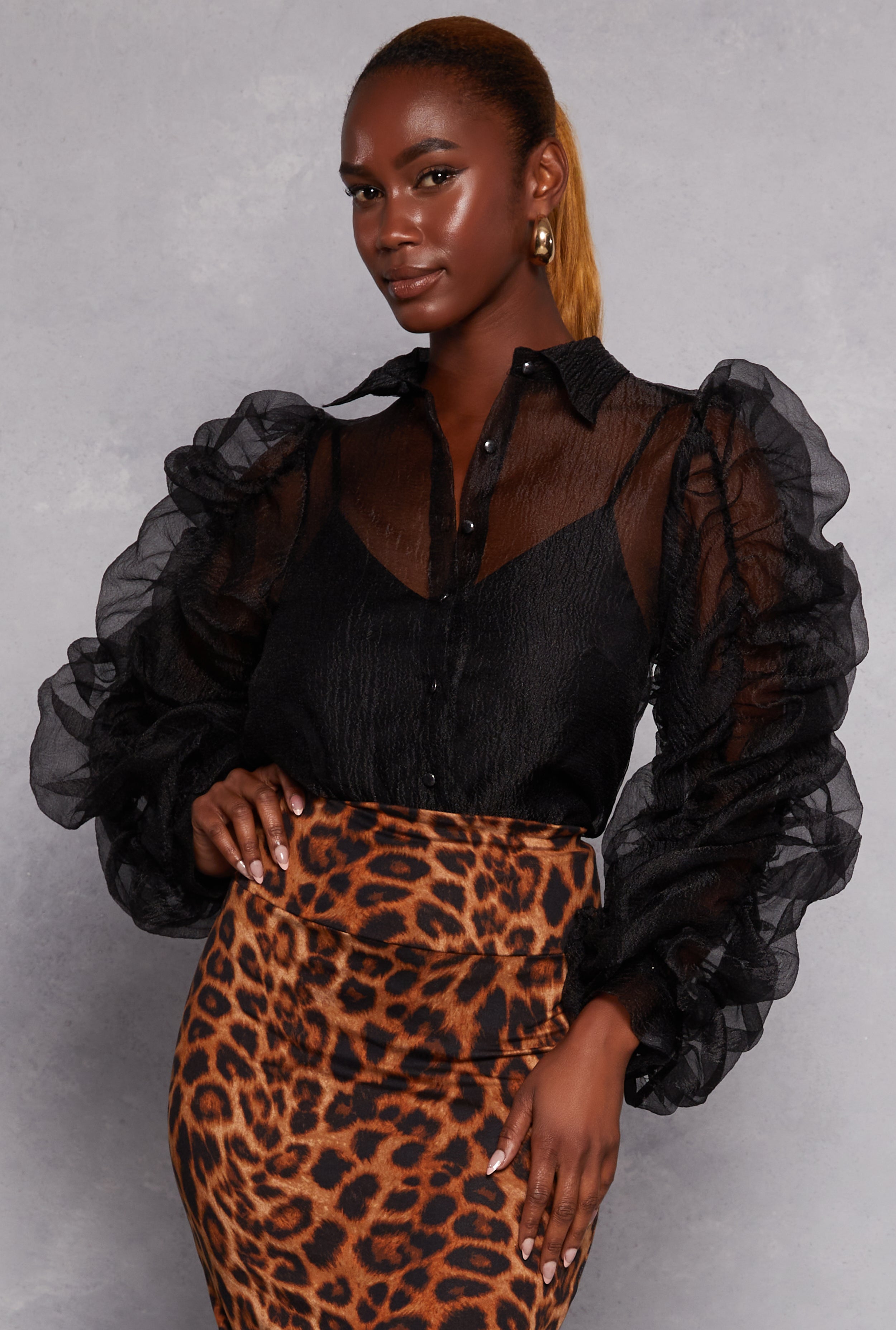 Womens Organza Ruched Puff Sleeve Blouse,