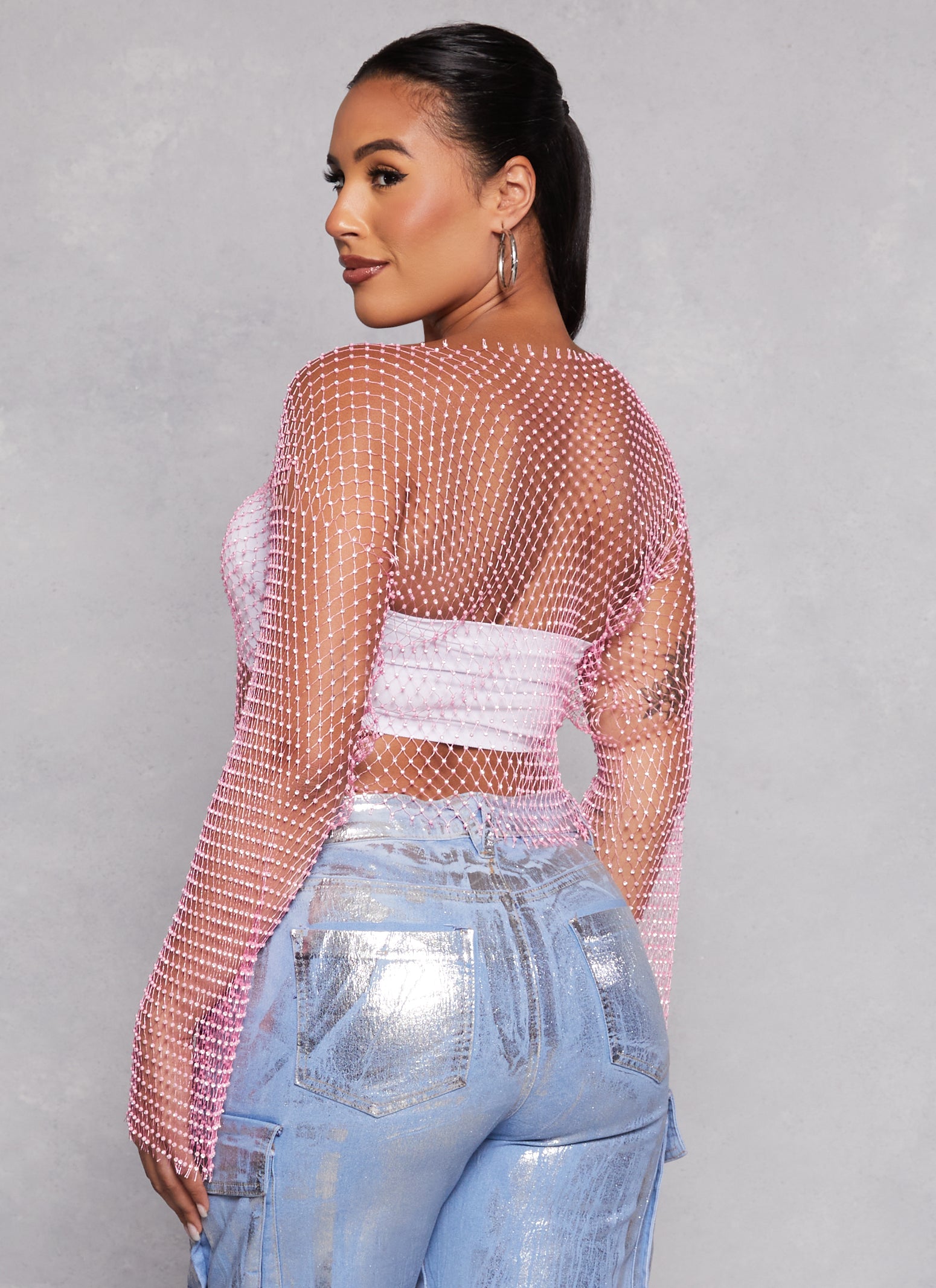 Womens Rhinestone Fishnet Crop Top, Pink, Size XL