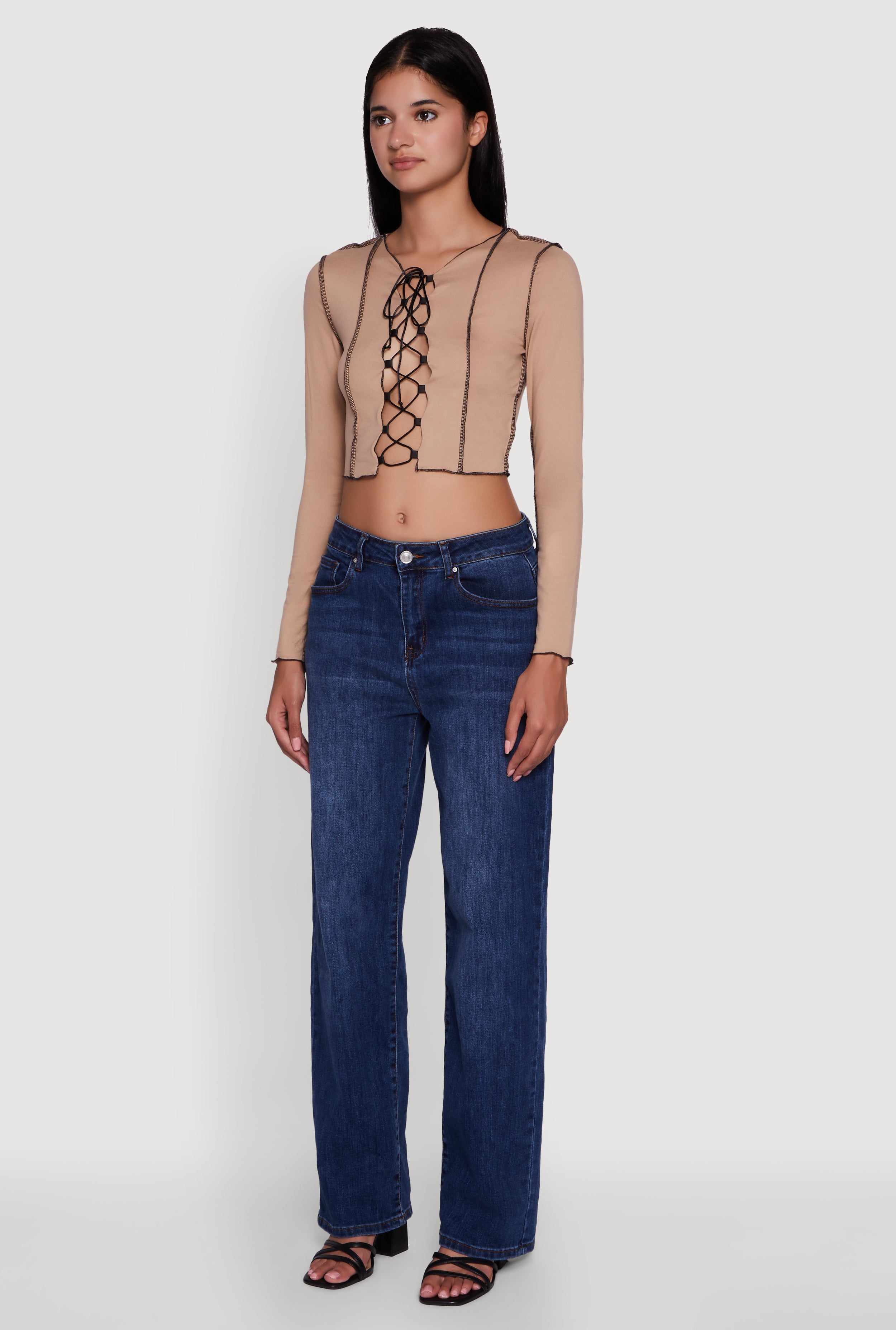 Womens Brushed Knit Lace-Up Long Sleeve Crop Blouse, M