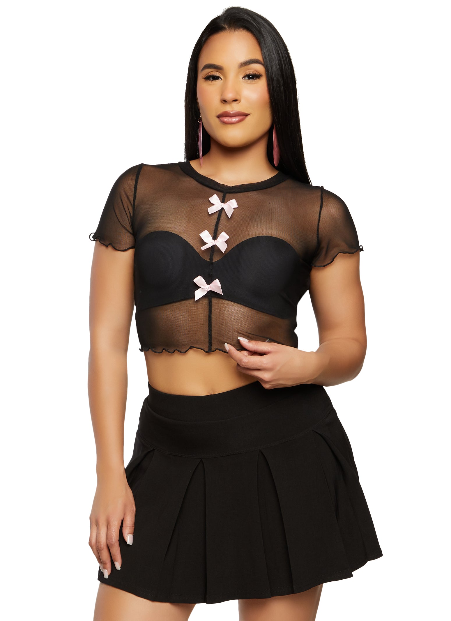 Womens Mesh Bow Detail Crop Top, L