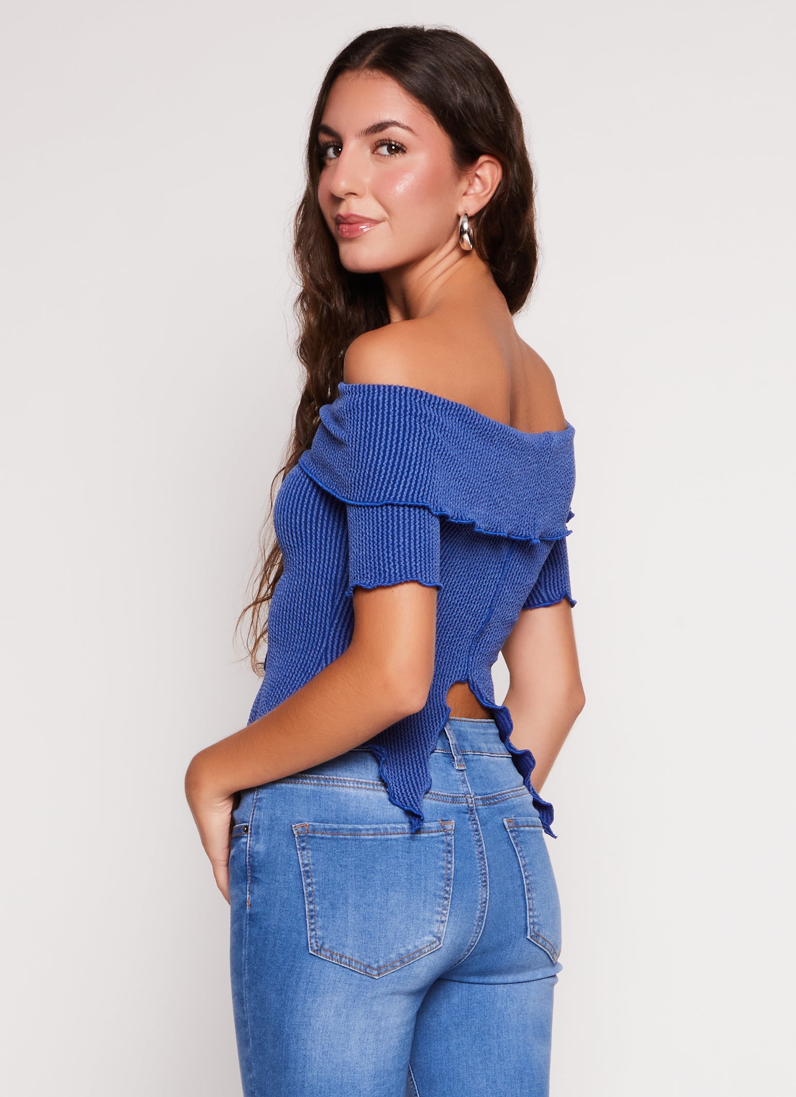 Womens Textured Knit Off the Shoulder Crop Top,