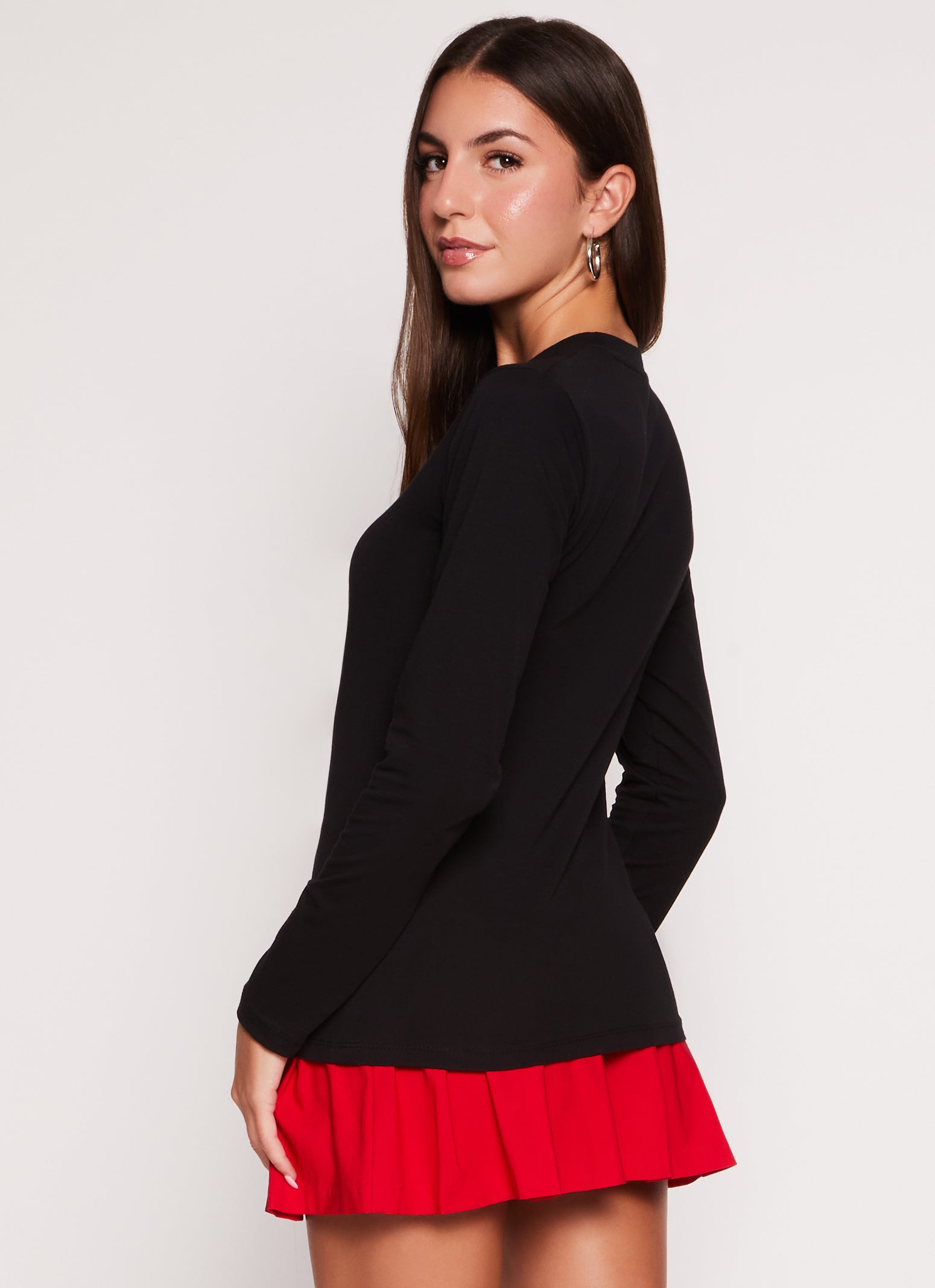 Womens Solid Crew Neck Long Sleeve Tee, Black, Size L