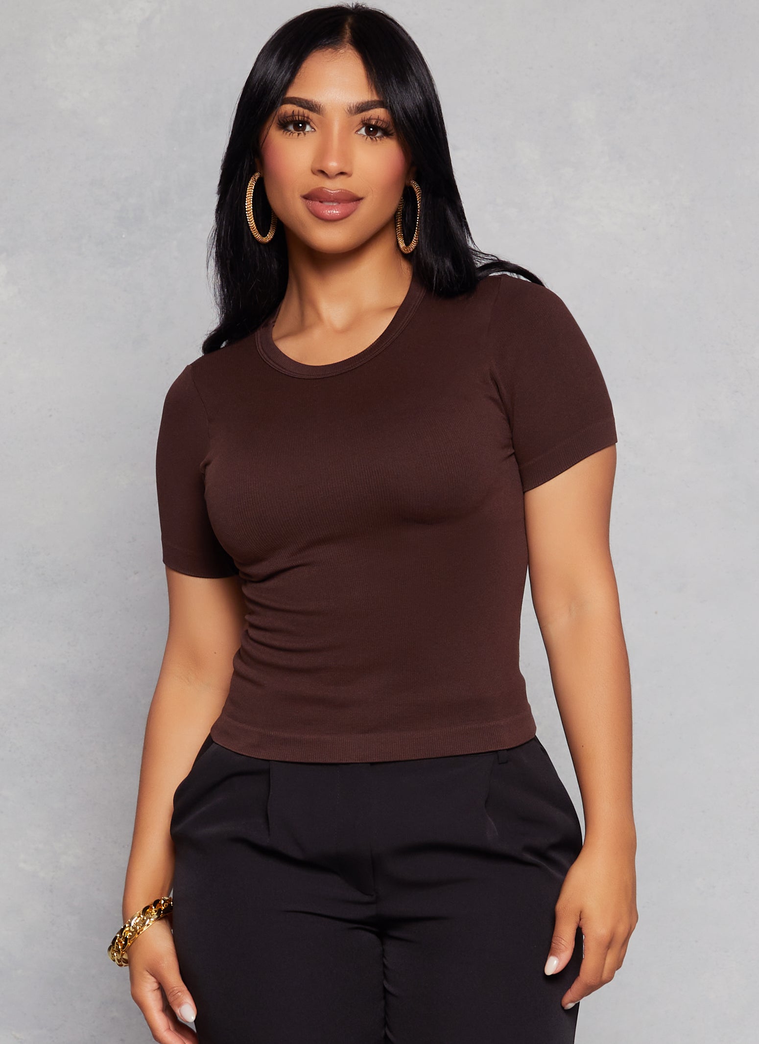 Womens Basic Ribbed Crew Neck Short Sleeve Top,