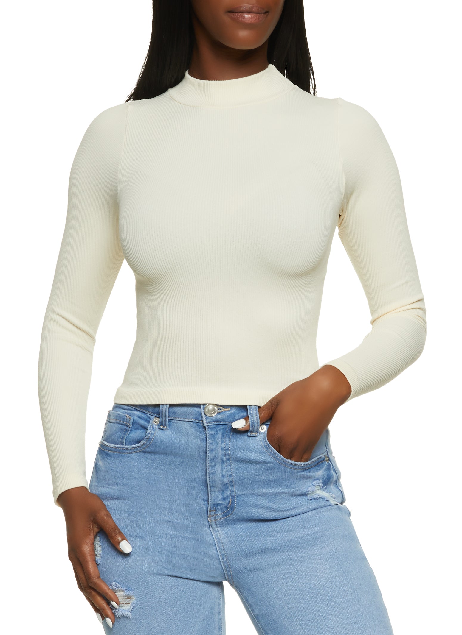 Womens Ribbed Knit Seamless Mock Neck Long Sleeve Top,