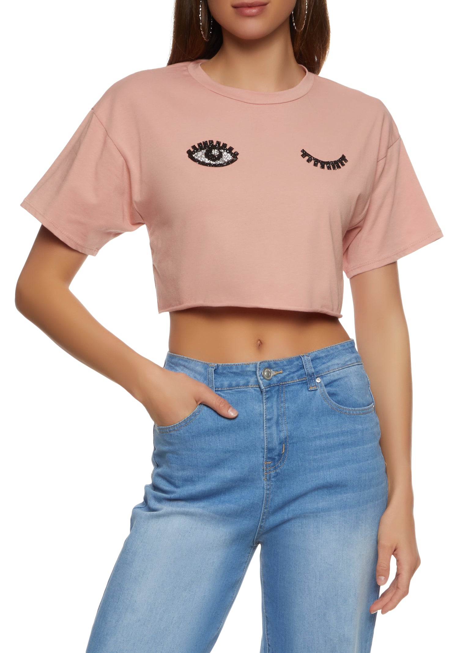 Womens Wink Eyelash Rhinestone Cropped Graphic Tee, Pink, Size S