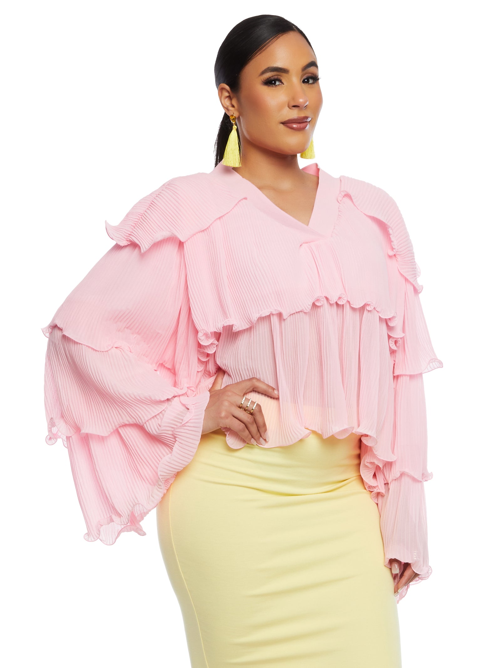 Womens Plisse Ruffled Tiered Long Sleeve Blouse, Pink, Size M