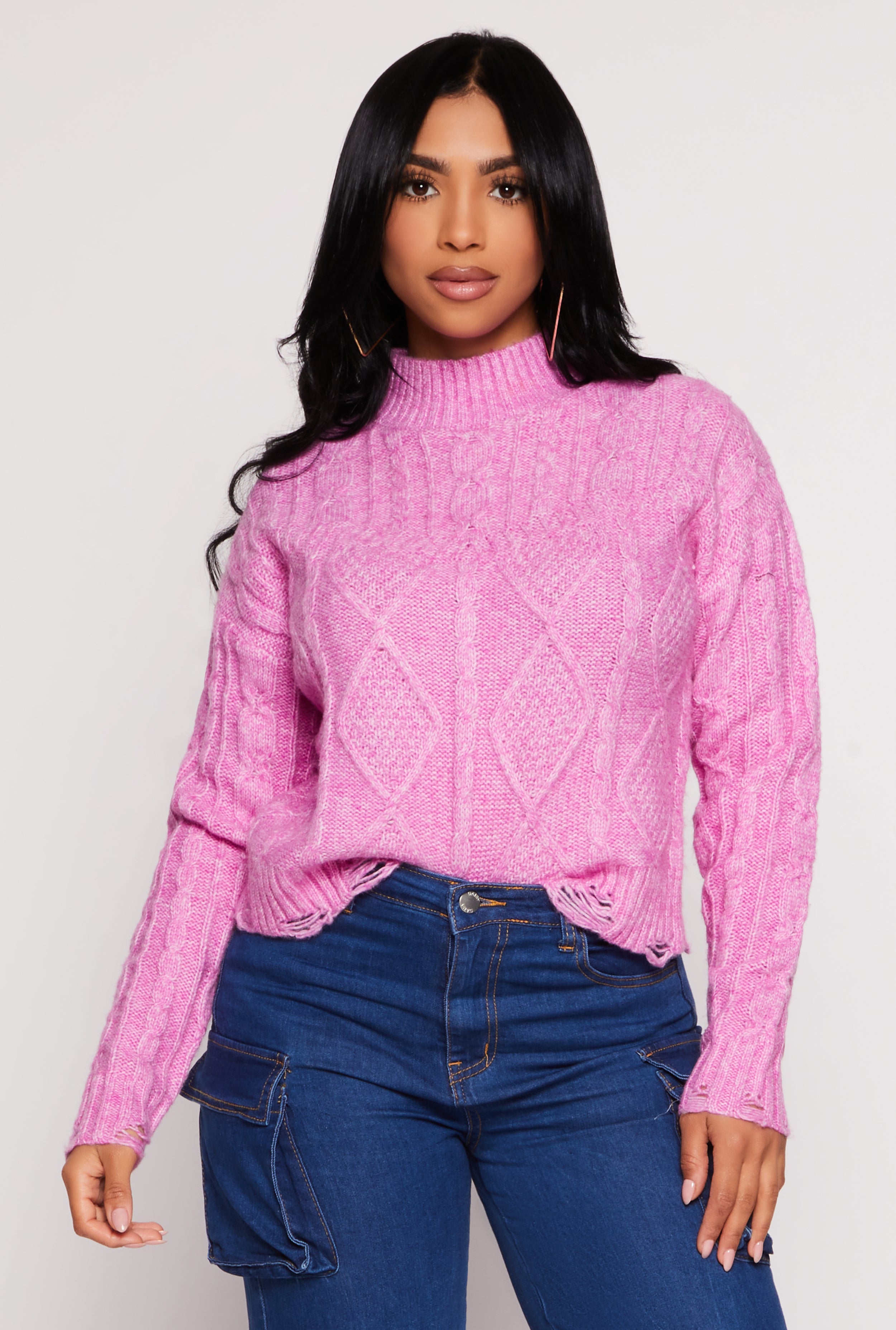 Womens Wool Cable Knit Distressed Cropped Sweater, Pink, Size S