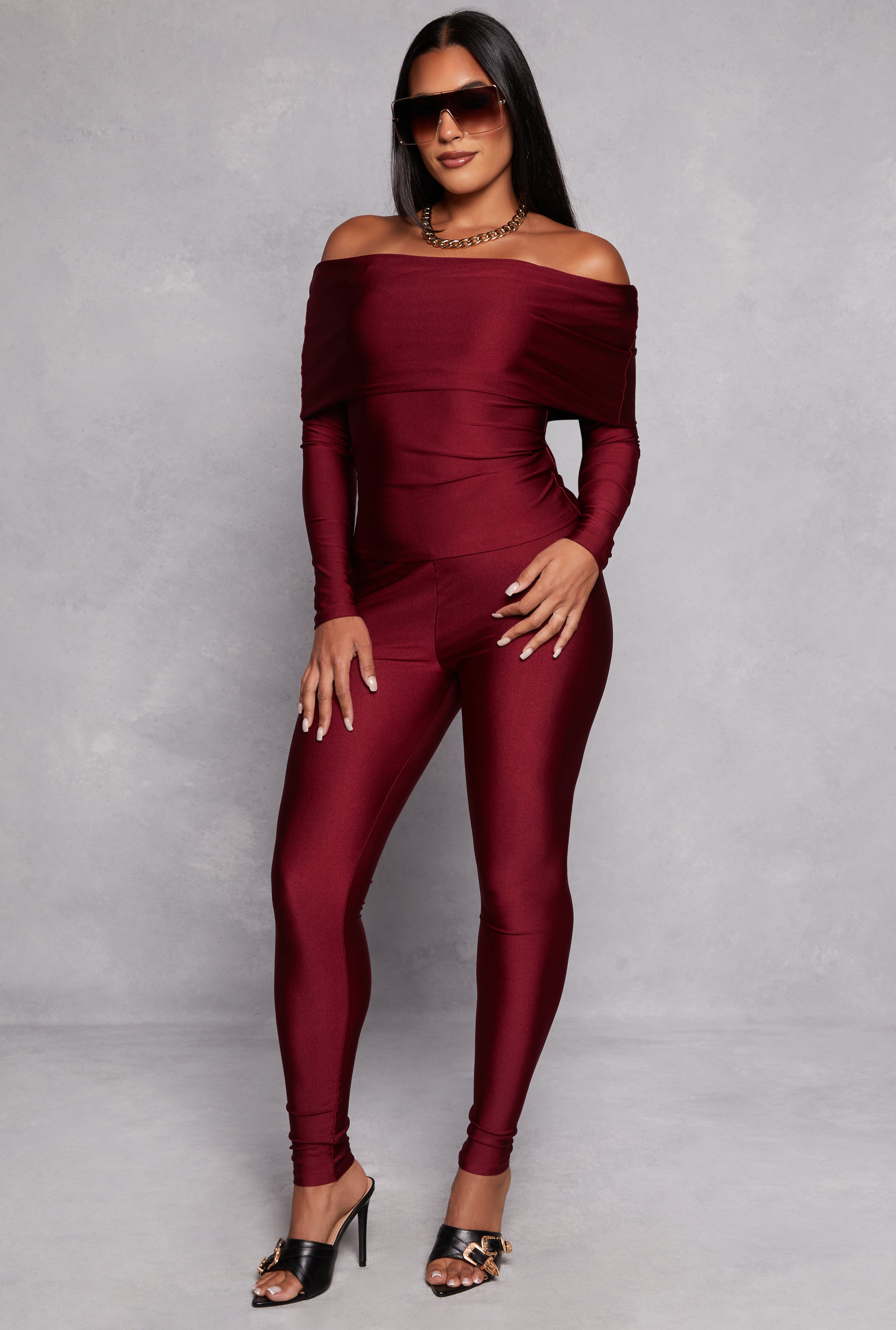 Womens Off the Shoulder Long Sleeve Top and Leggings, Burgundy, Size S