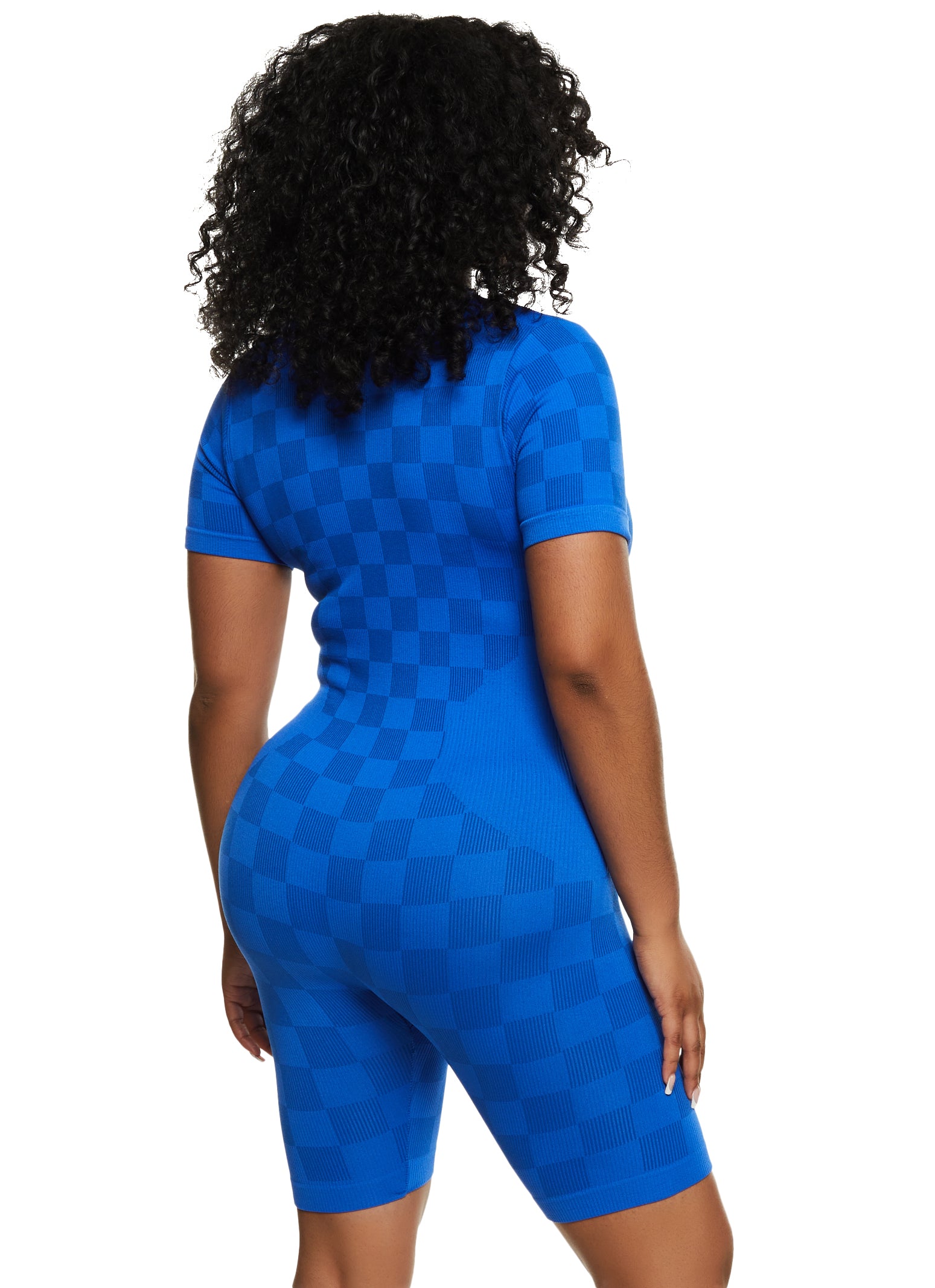 Womens Seamless Checkered Half Zip Romper,